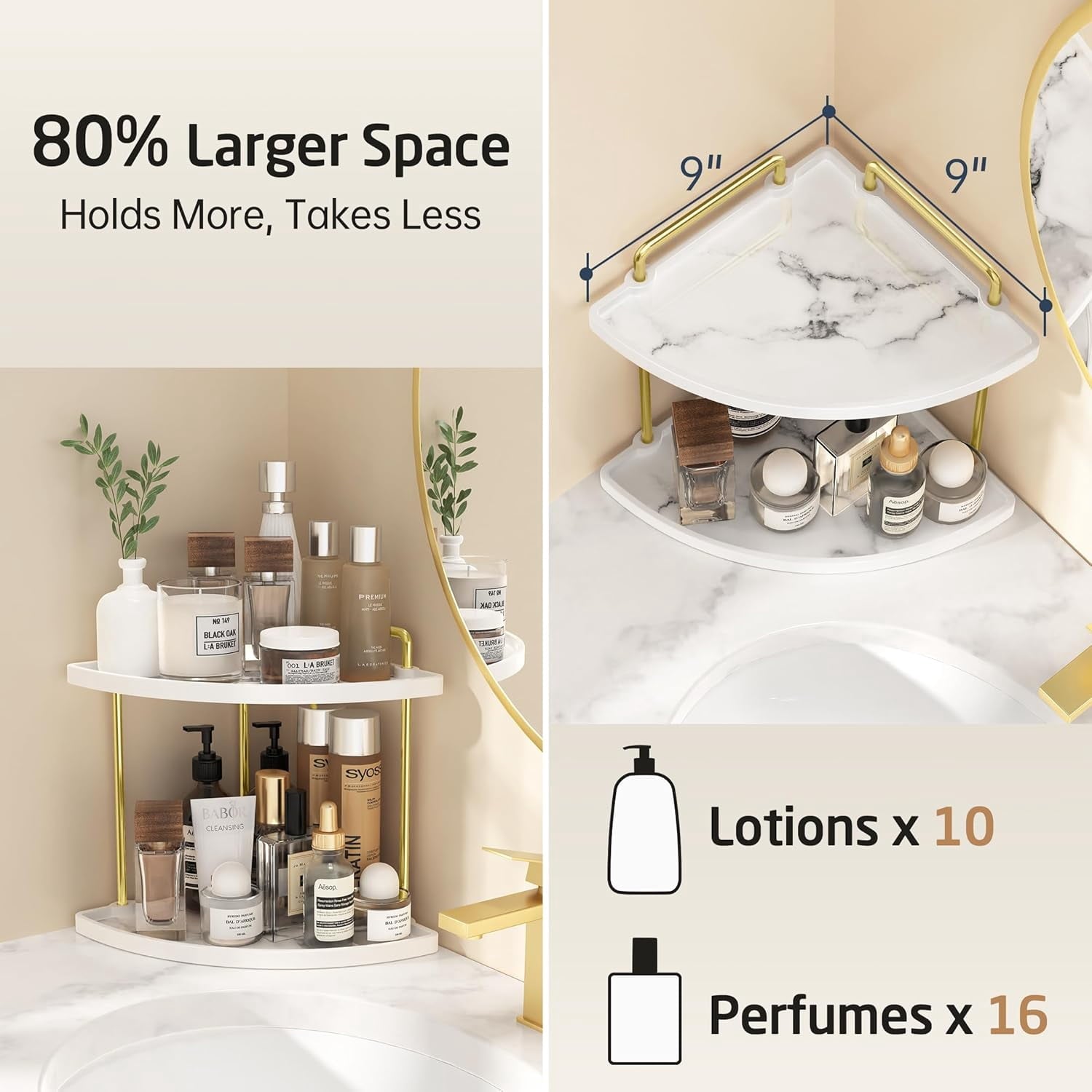 Marble Pattern Bathroom Corner Countertop Organizer, 2-Tier Ceramic Corner Counter Shelf, Vanity Skincare Perfume Org... - Image 6