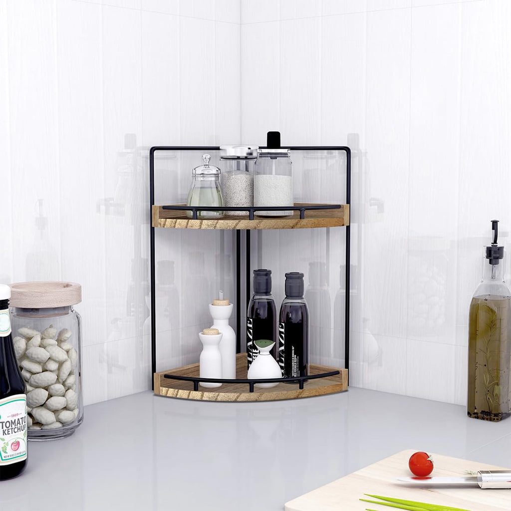 2 Tier Wood Corner Shelf for Bathroom Vanity Countertop Brown Space Saving Organizer for Skincare Makeup and Toiletries - Image 6