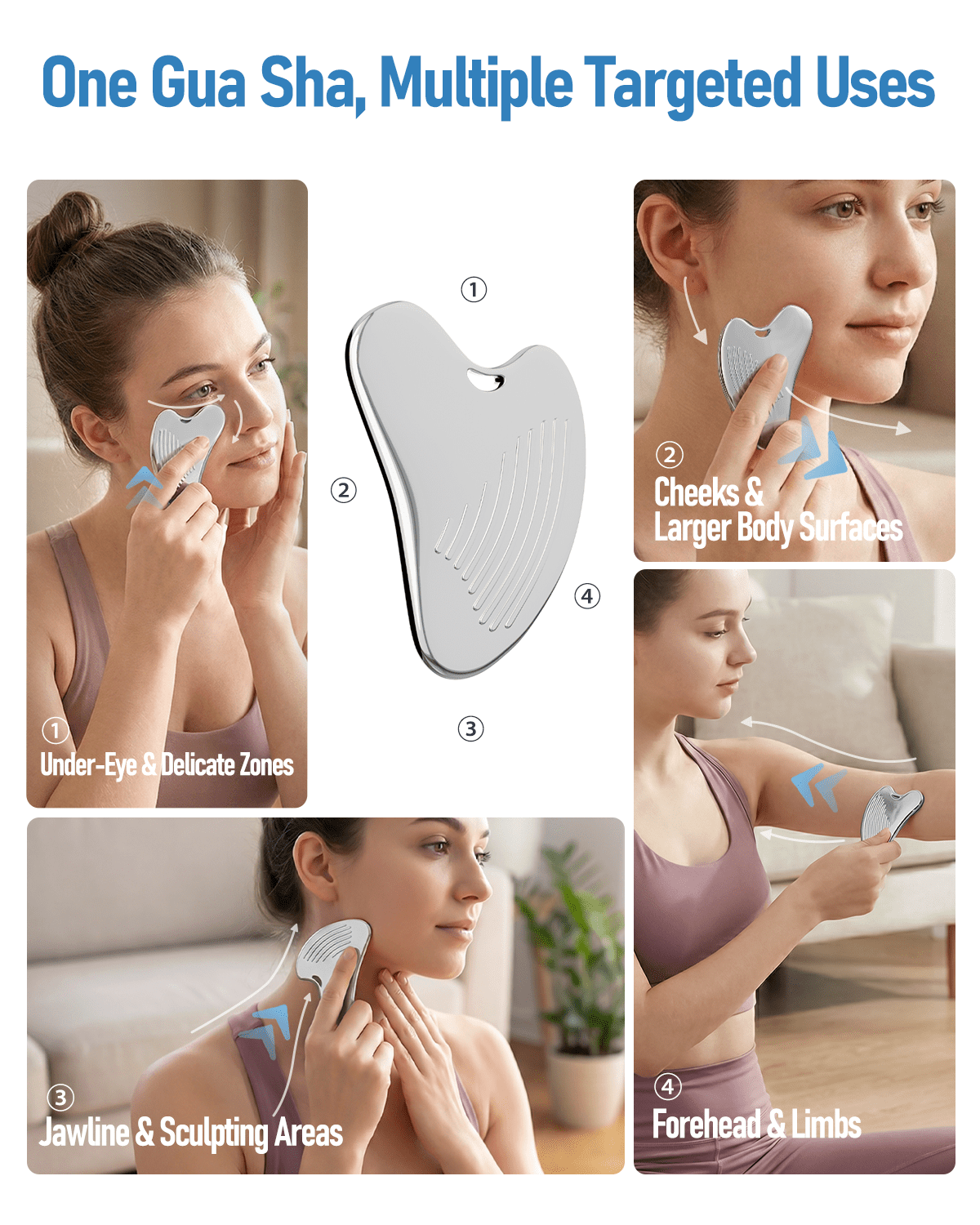 Gua Sha Facial Tools & Massager Set, Stainless Steel Skin Care Tools for Face and Body, 3-in-1 Head Massage Combs & R... - Image 3