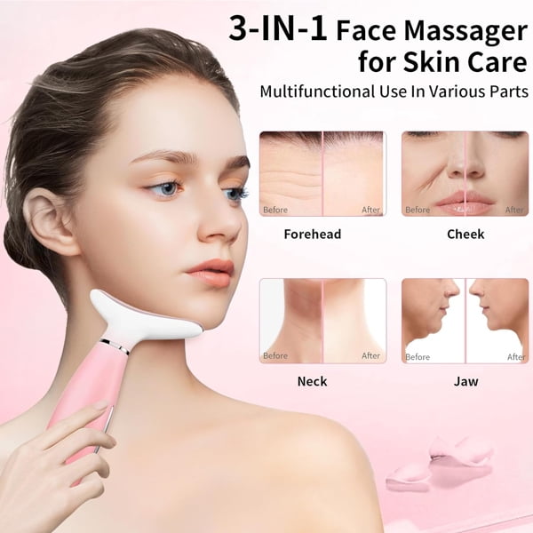 Neck Face Massager, Skin Care Face Massage Tool, 3-in-1 Facial Massager, Face Sculpting Tool with Thermals, Vibration (Pink) - Image 5
