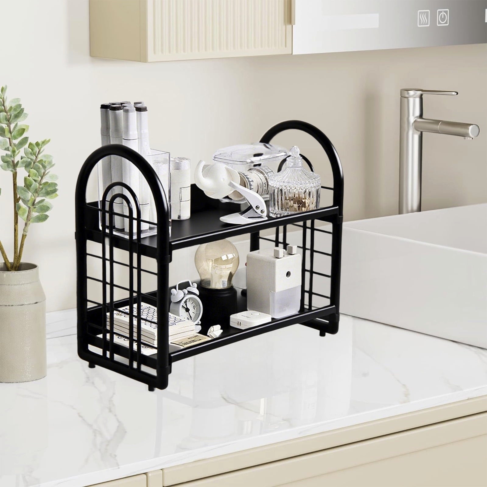 Desktop Rack Cosmetic Stationery Storage Holder, 2-Tier Multifunctional Plastic Shelf Makeup Rack Organizer for Skincare Office Kitchen Bedr - Image 6