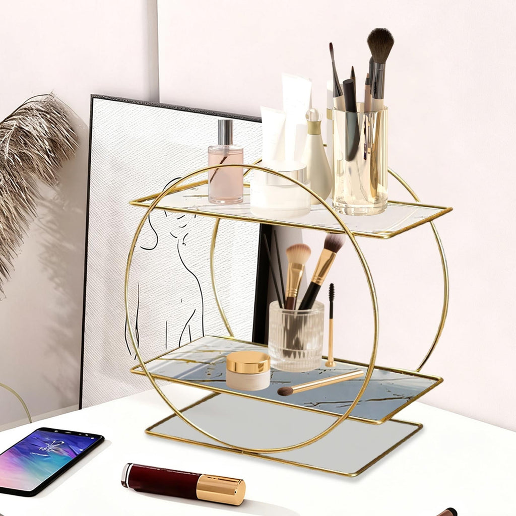 White 2-Tier Wrought-Iron Vanity & Countertop Organizer – Large-Capacity Bathroom Storage Rack for Skincare, Cosmetics & Toiletries - Image 6