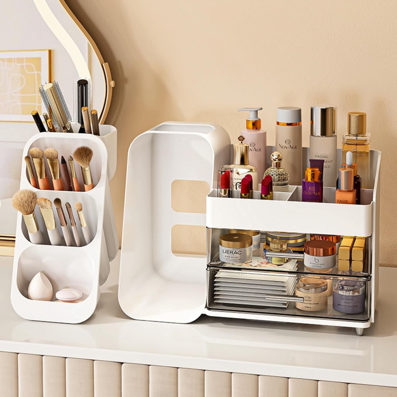 BAODELI  Makeup Organizer with Brush Holder for Vanity, Large Plastic Bathroom Countertop Organizer Skin Care Storage, Easy to Store Lipstic - Image 3
