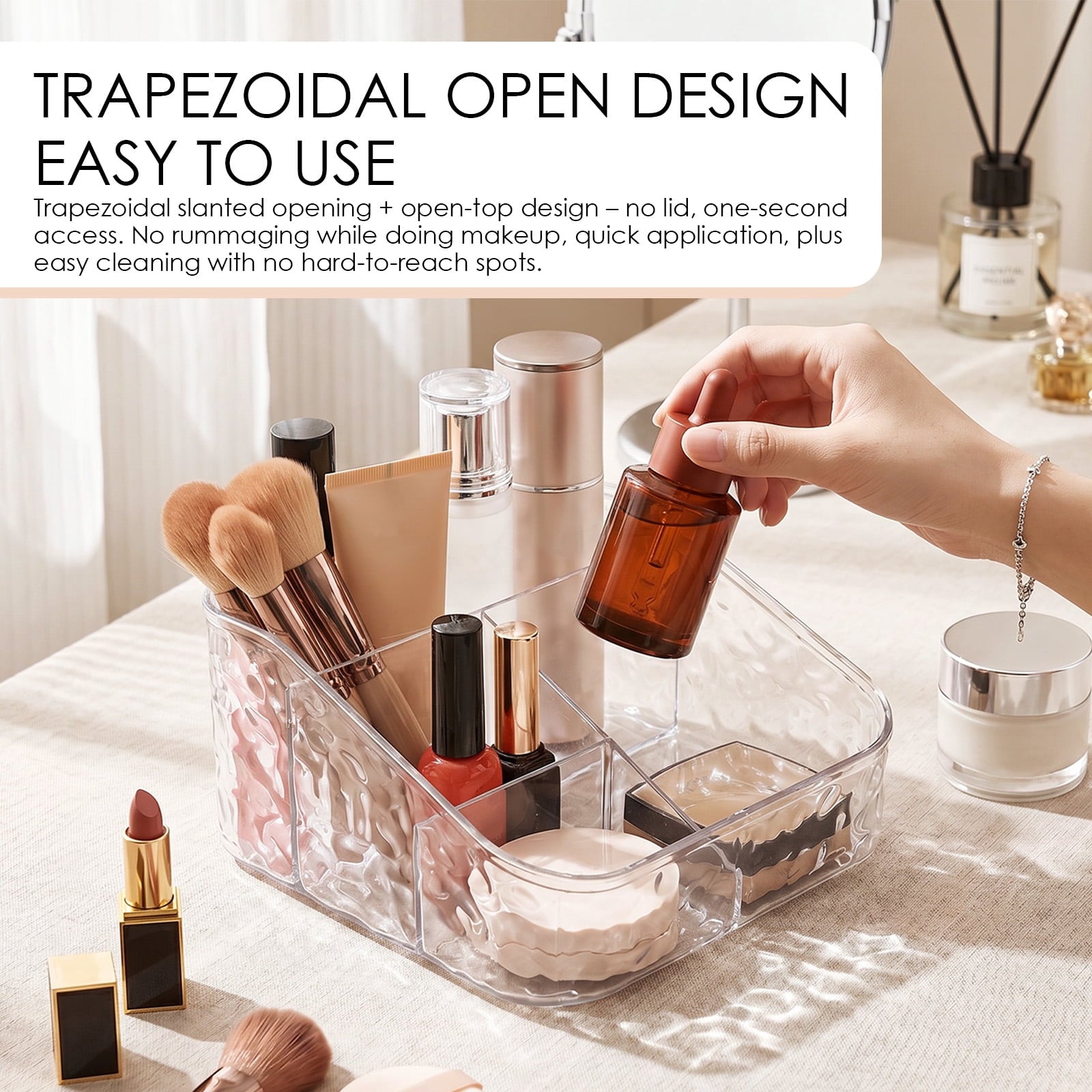 Plastic Makeup Storage Organizer Divided Basket Bin with Water Ripple Design Countertop Cosmetic Storage Holder for C... - Image 5
