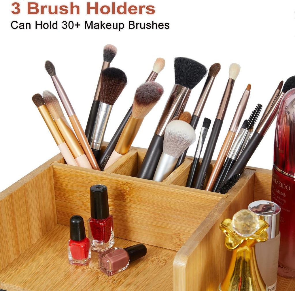 X- Large Bamboo Makeup Organizer for Vanity, 3-Tier Cosmetic Skincare Countertop Storage with 3 Drawers, 3 Brush Hold... - Image 3