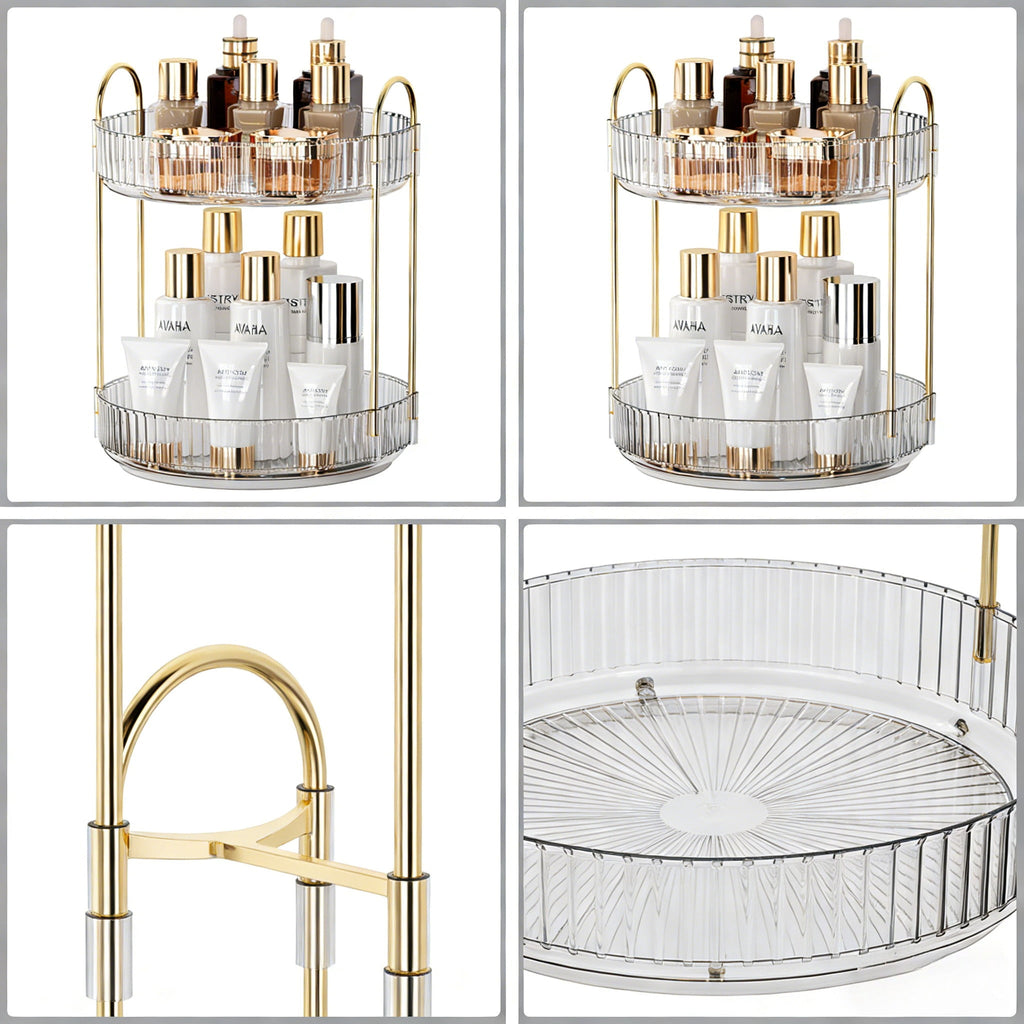 2-Tier Organizer, 360 Spinning Skincare Storage Tray, Clear Acrylic Cosmetic Vanity Tray with Gold Frame, Large Capac... - Image 3