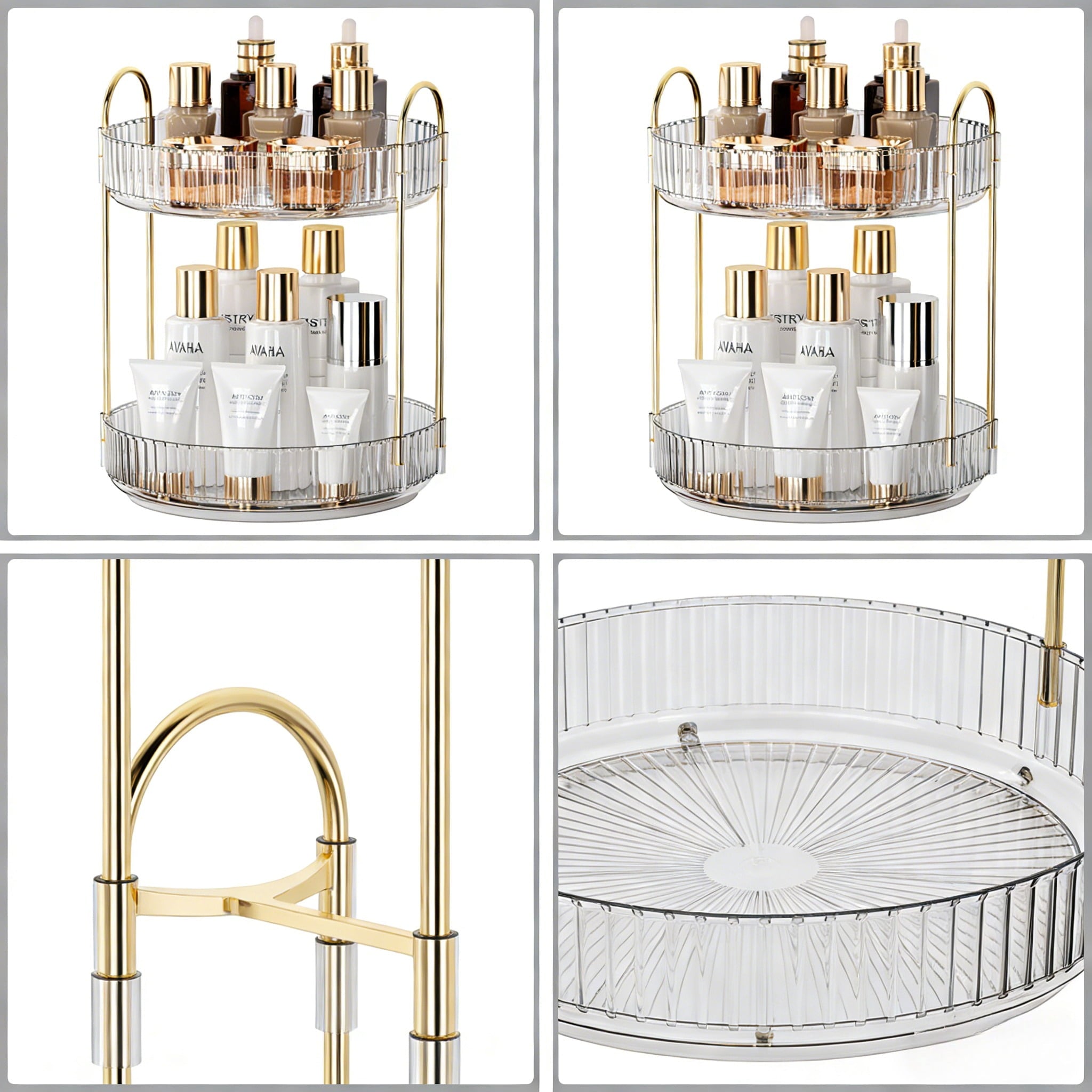 2-Tier Organizer, 360 Spinning Skincare Storage Tray, Clear Acrylic Cosmetic Vanity Tray with Gold Frame, Large Capac... - Image 3