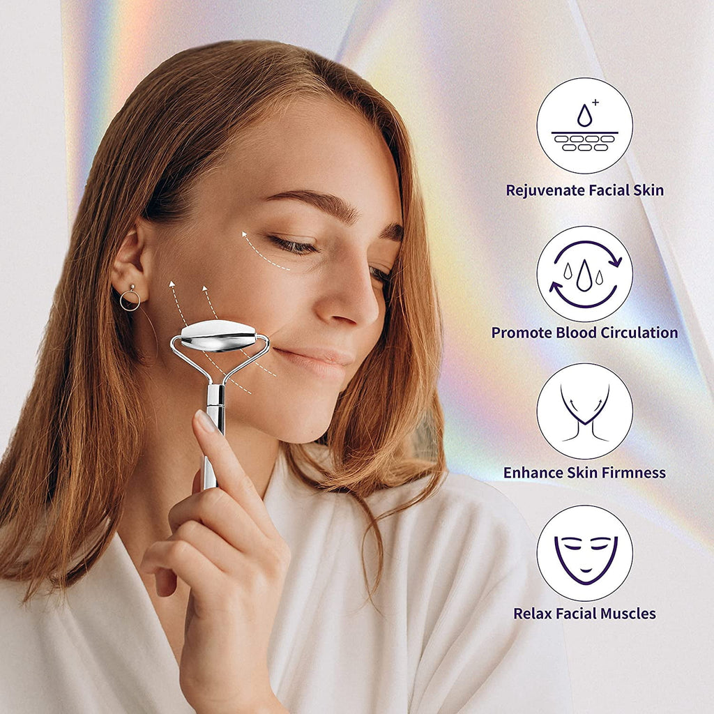 Face Roller Stainless Steel Gua Sha Facial Beauty Tools, Massage Tools Set for Face Eye Skin Body, Anti-Aging Skin Care SPA Roller and Board - Image 2