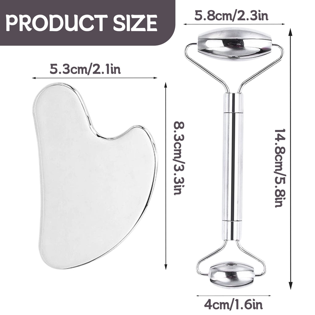 Stainless Steel Facial Roller and Gua Sha Scraper Set, Dual-Ended Face Massage Roller for Face, Neck and Body, Home S... - Image 2