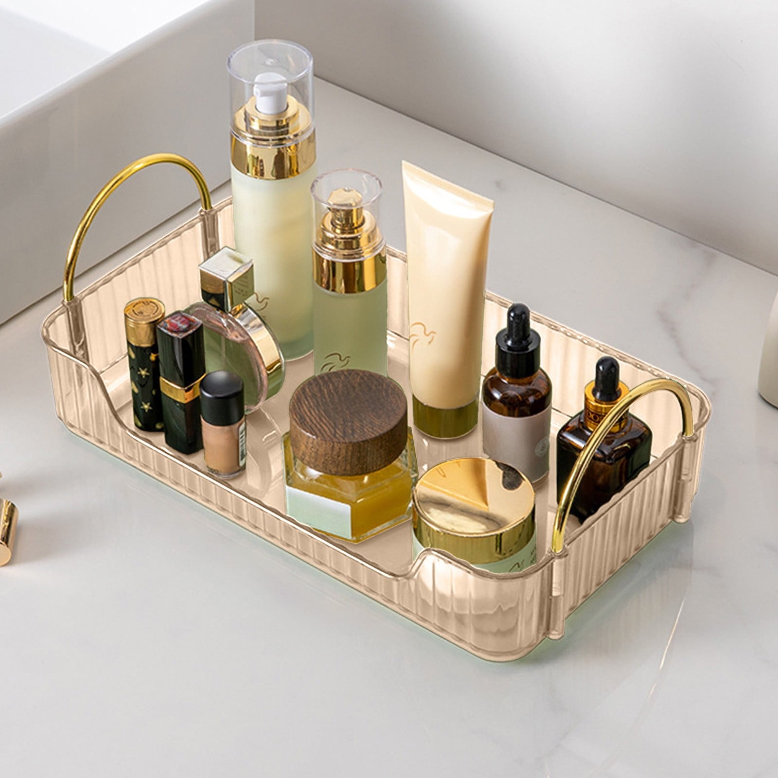 Clear Vanity Organizer, Countertop Makeup Storage Box with Ribbon Handles, Bathroom Sink Organizer for Skincare Cosme... - Image 4