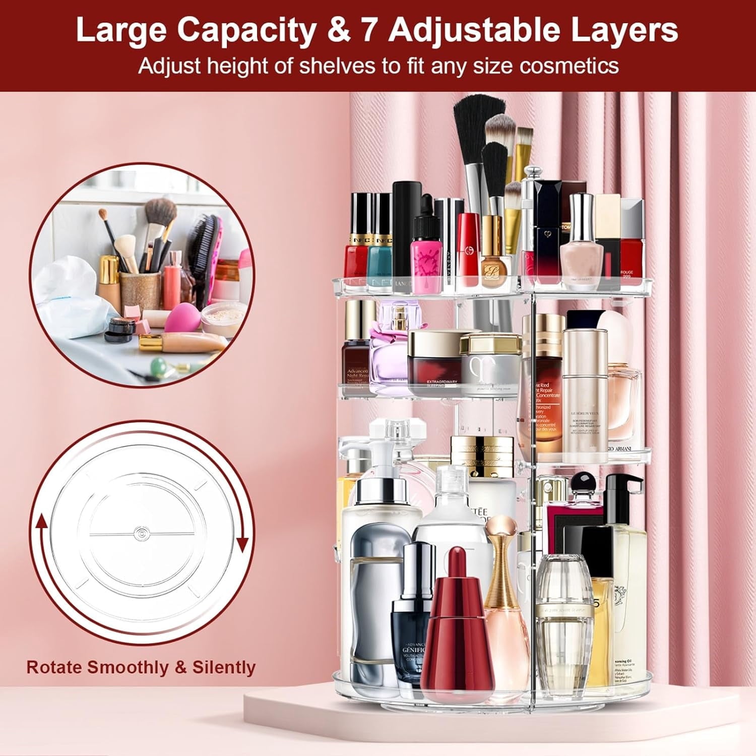 Rotating Makeup Organizer, Cosmetic Display Case with Brush Holder, DIY 8 Adjustable Layers Spinning Skincare Organizer - Image 3