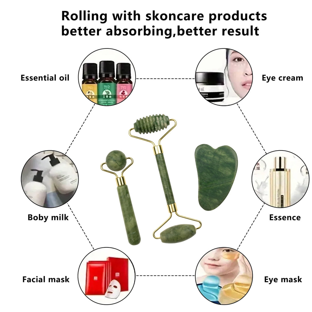 Jade Roller and Gua Sha Set of 3,3 in 1 Face Ice Jade Roller and Gua Sha Tool, Natural Jade Anti-Wrinkle Face Eye Neck Massager Tool, Reduce - Image 3