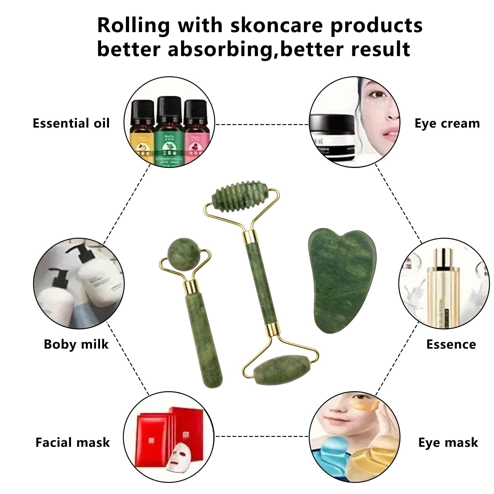 Jade Roller and Gua Sha Set of 3,3 in 1 Face Ice Jade Roller and Gua Sha Tool, Natural Jade Anti-Wrinkle Face Eye Neck Massager Tool, Reduce - Image 3