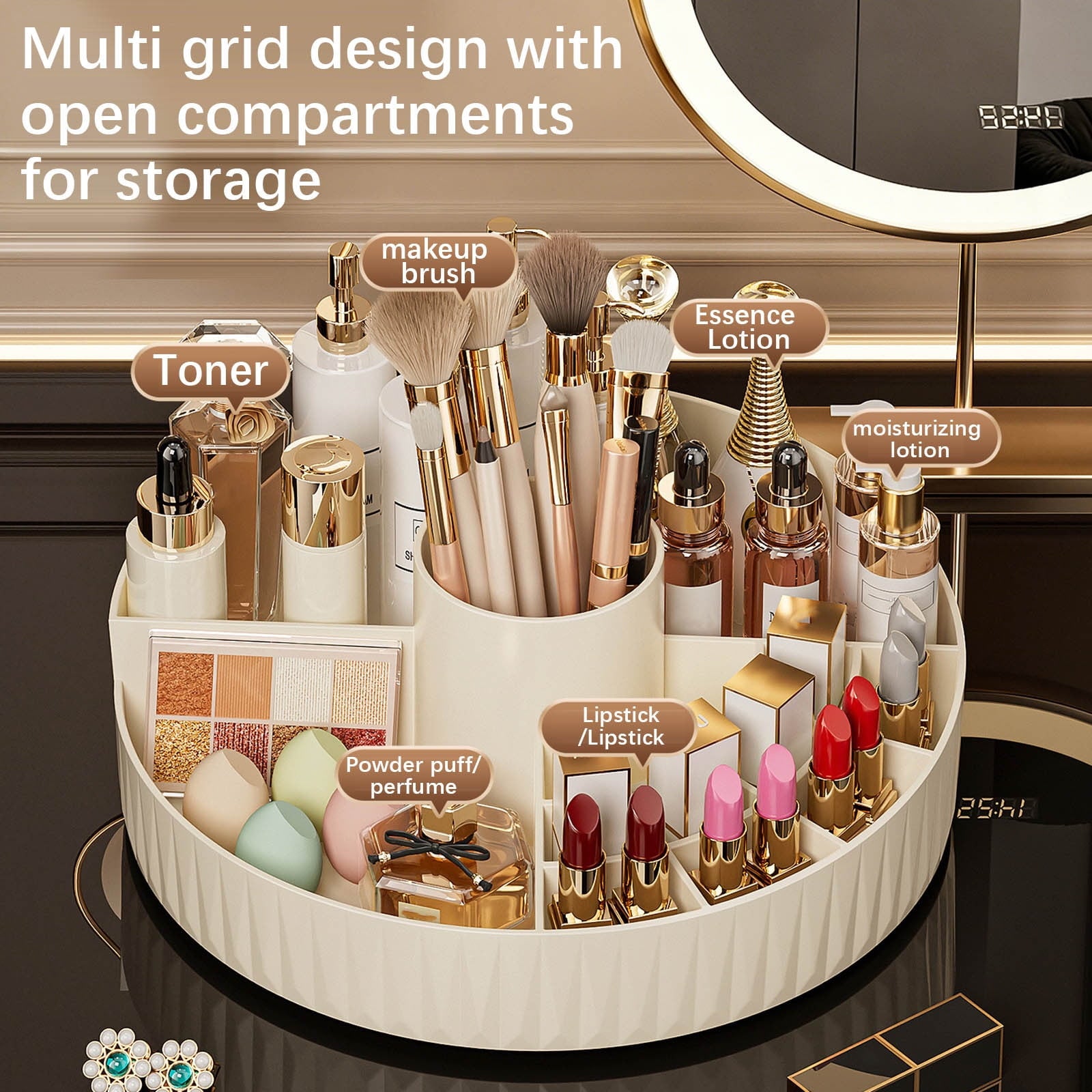 Rotating Skincare Organizer Tray-Compartment Makeup Brush Lipstick Skincare Organizer, Cosmetic Storage for Dresser V... - Image 4
