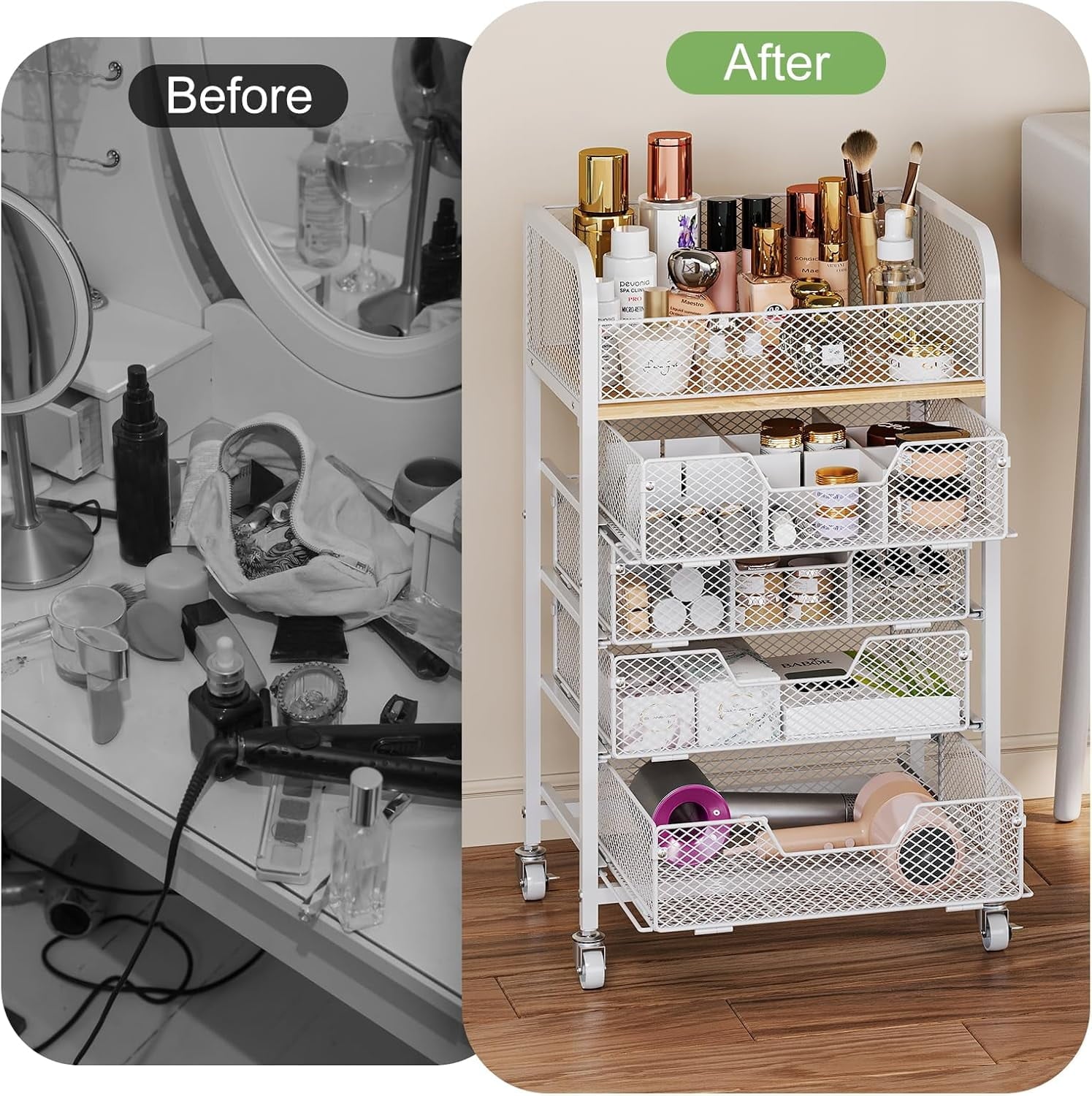 Rolling Makeup Cart Organizer with 4 Drawers, Floor Skincare Organizers with Wheels, Cosmetics Display Cases, Storage... - Image 5