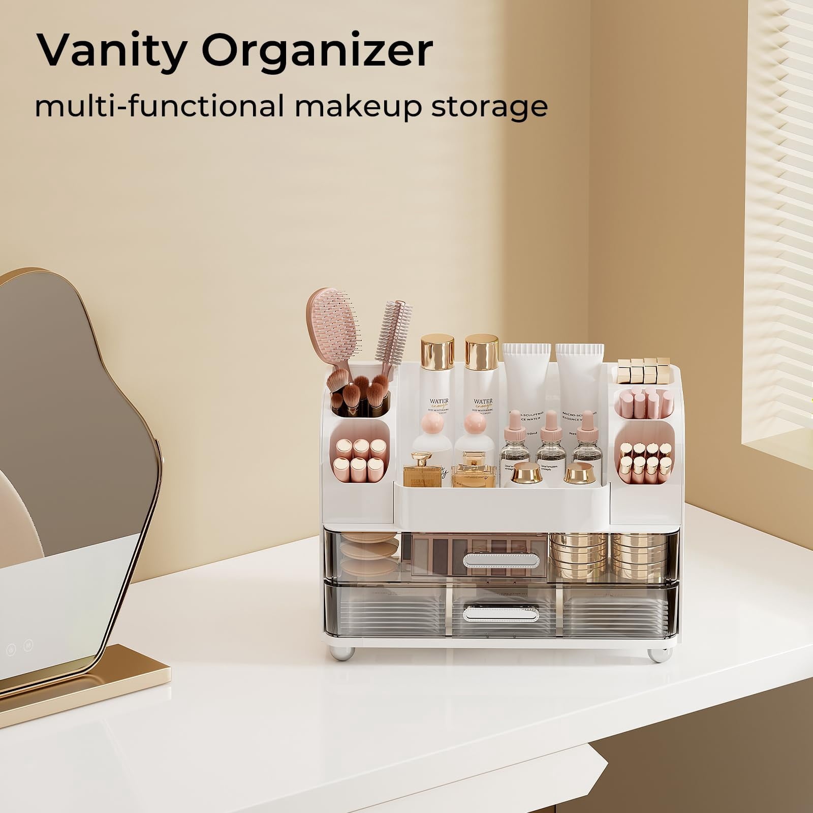 Makeup Organizer for Vanity with 2 Large Drawers & Brush Holder, Countertop Cosmetic Storage for Bathroom & Dresser, ... - Image 6