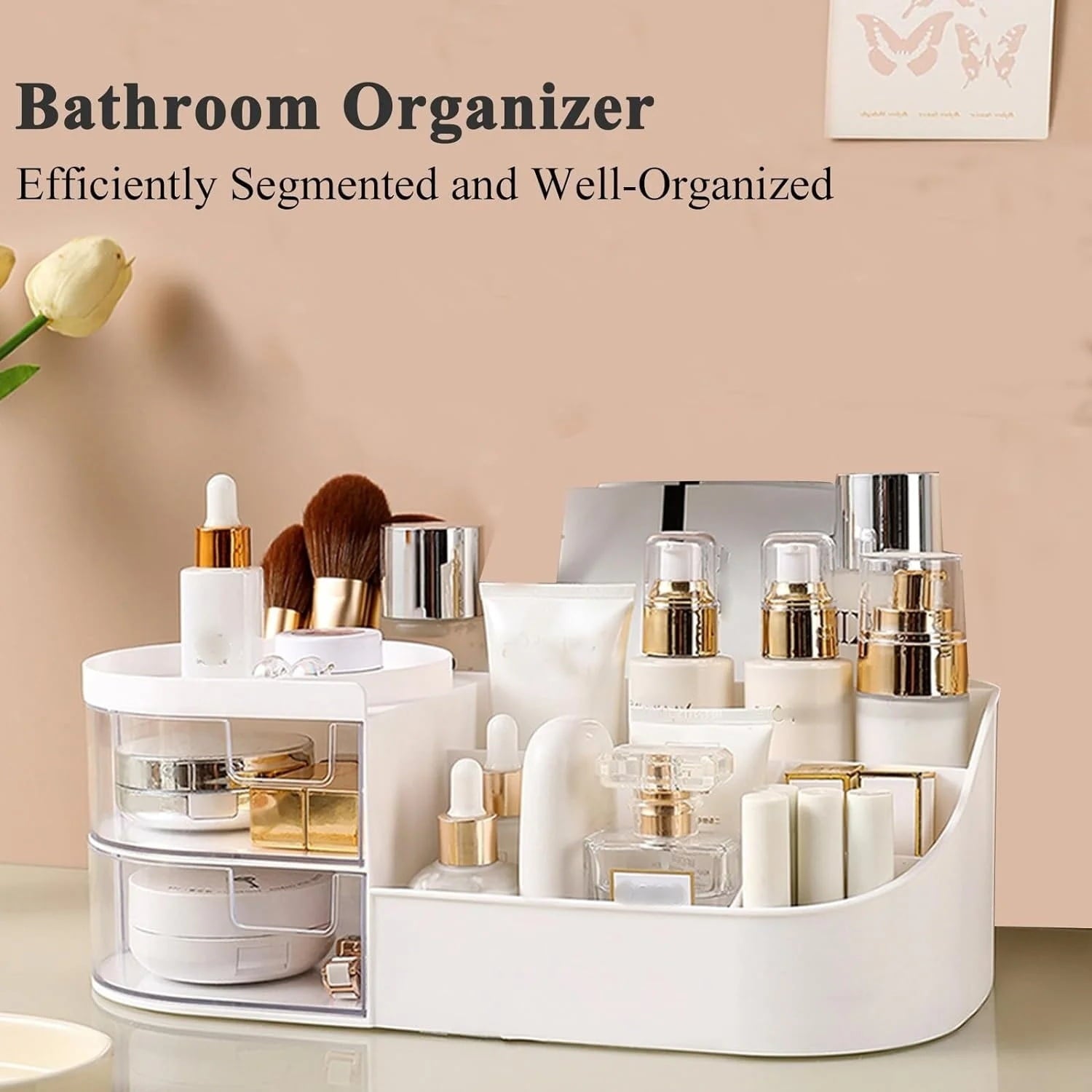 Makeup Organizer Countertop with 2 Drawer,Medium Capacity Skincare Cosmetic Cases for Vanity Bathroom Desktop, Cream ... - Image 5