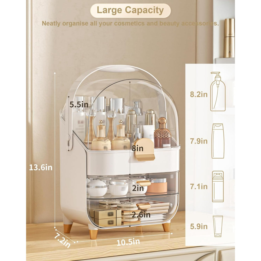 Acrylic Waterproof Makeup Organizer with 3 Compartments, Best mom gift makeup storage, Gold - Image 2