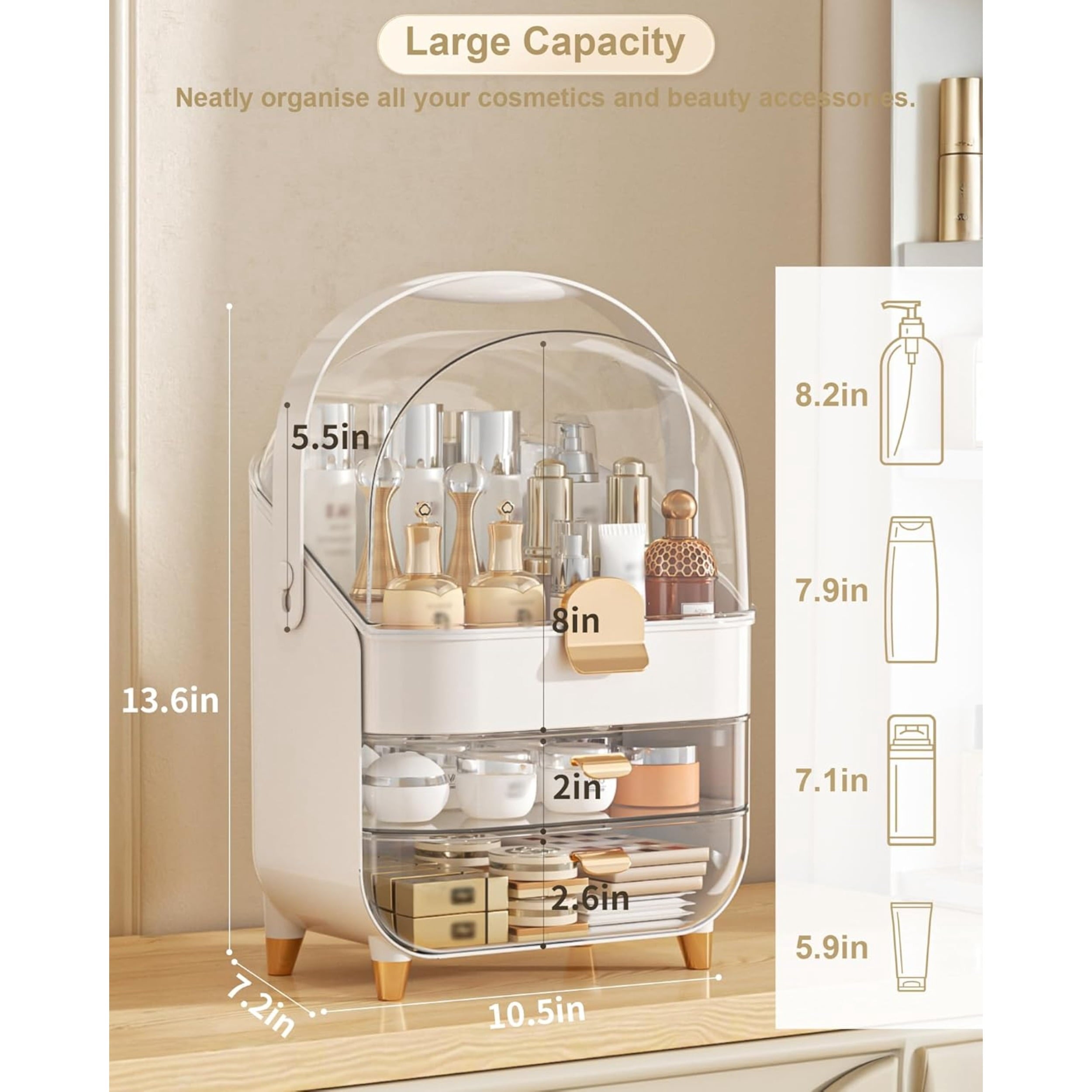 Acrylic Waterproof Makeup Organizer with 3 Compartments, Best mom gift makeup storage, Gold - Image 2