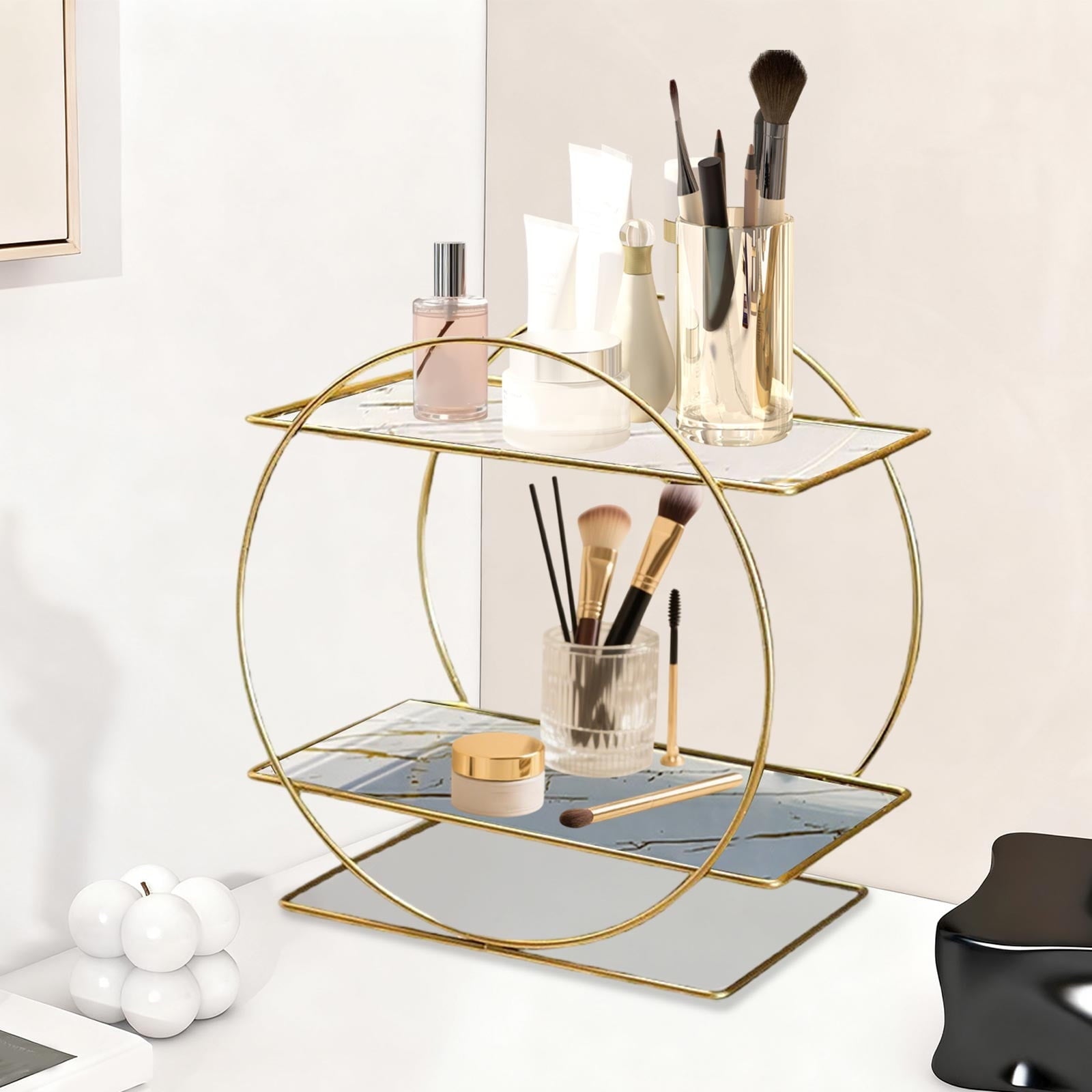 White 2-Tier Wrought-Iron Vanity & Countertop Organizer – Large-Capacity Bathroom Storage Rack for Skincare, Cosmetics & Toiletries - Image 5