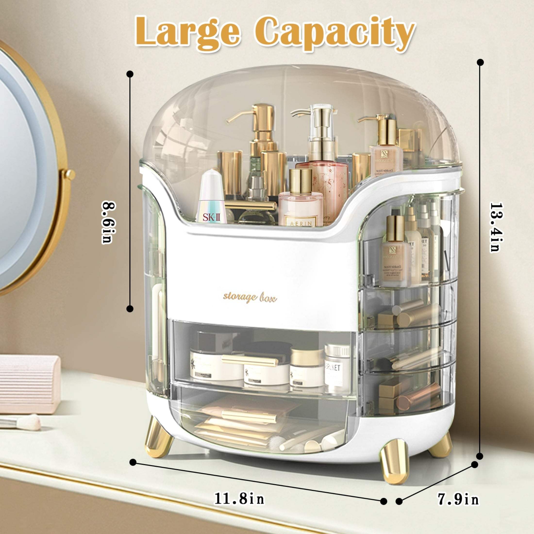 Wdmiya White Makeup Organizer and Storage, Waterproof& Dustproof Cosmetic Organizer Box with Lid, Large Capacity Vanity Storage, Makeup Disp - Image 4