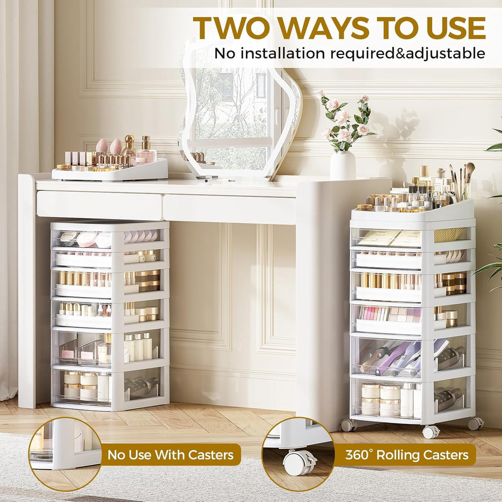 Rolling Cart with 6 Drawers, Clear Plastic Drawer Organizers, Dust Proof Under Desk Storage for Makeup, Skincare, Art... - Image 5