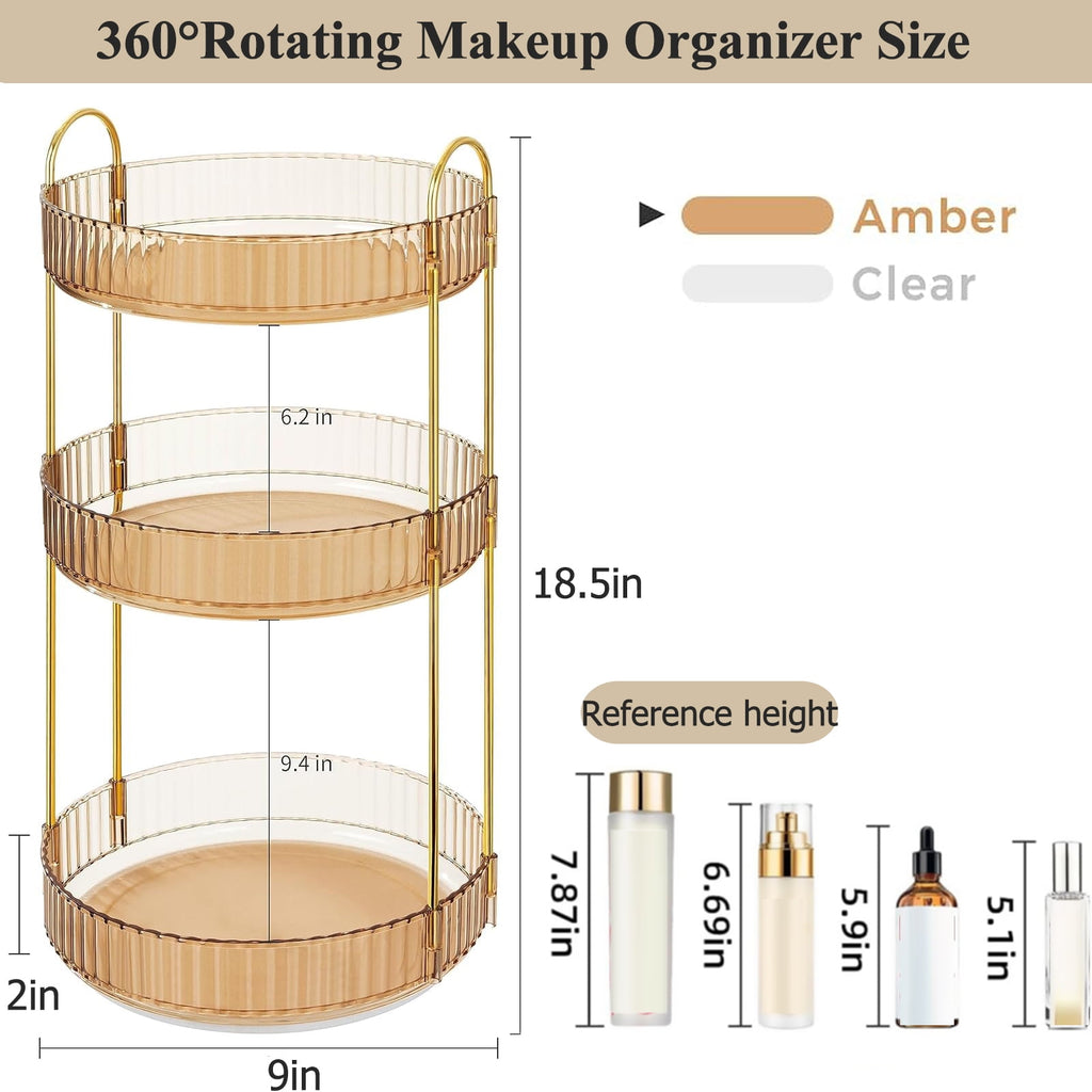 Kisportee Makeup Organizer for Vanity, 3 Tier 360° Rotating Make Up Storage Perfume Organizers for Bathroom Counter, Clear Cosmetic Dresser - Image 2