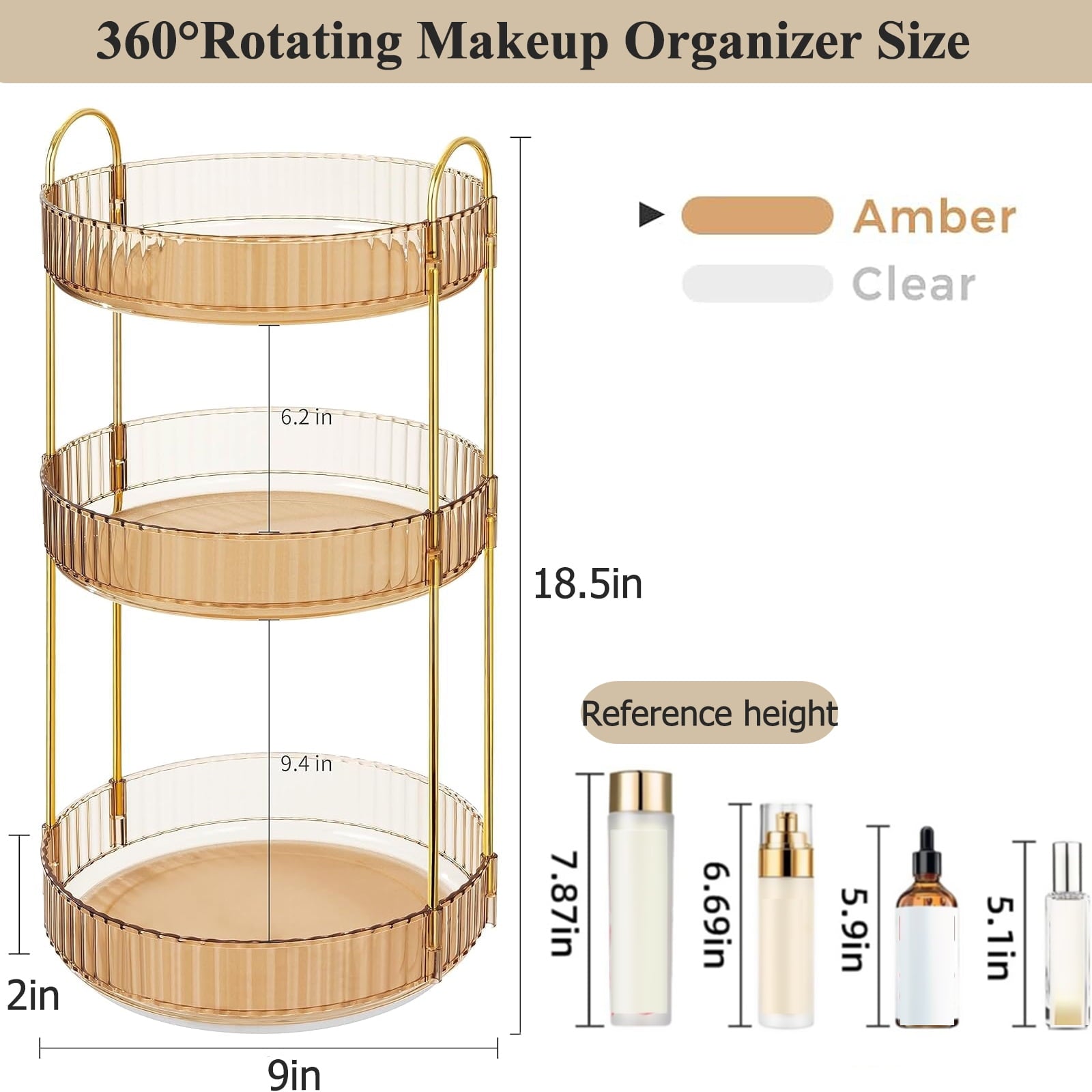 Kisportee Makeup Organizer for Vanity, 3 Tier 360° Rotating Make Up Storage Perfume Organizers for Bathroom Counter, Clear Cosmetic Dresser - Image 2