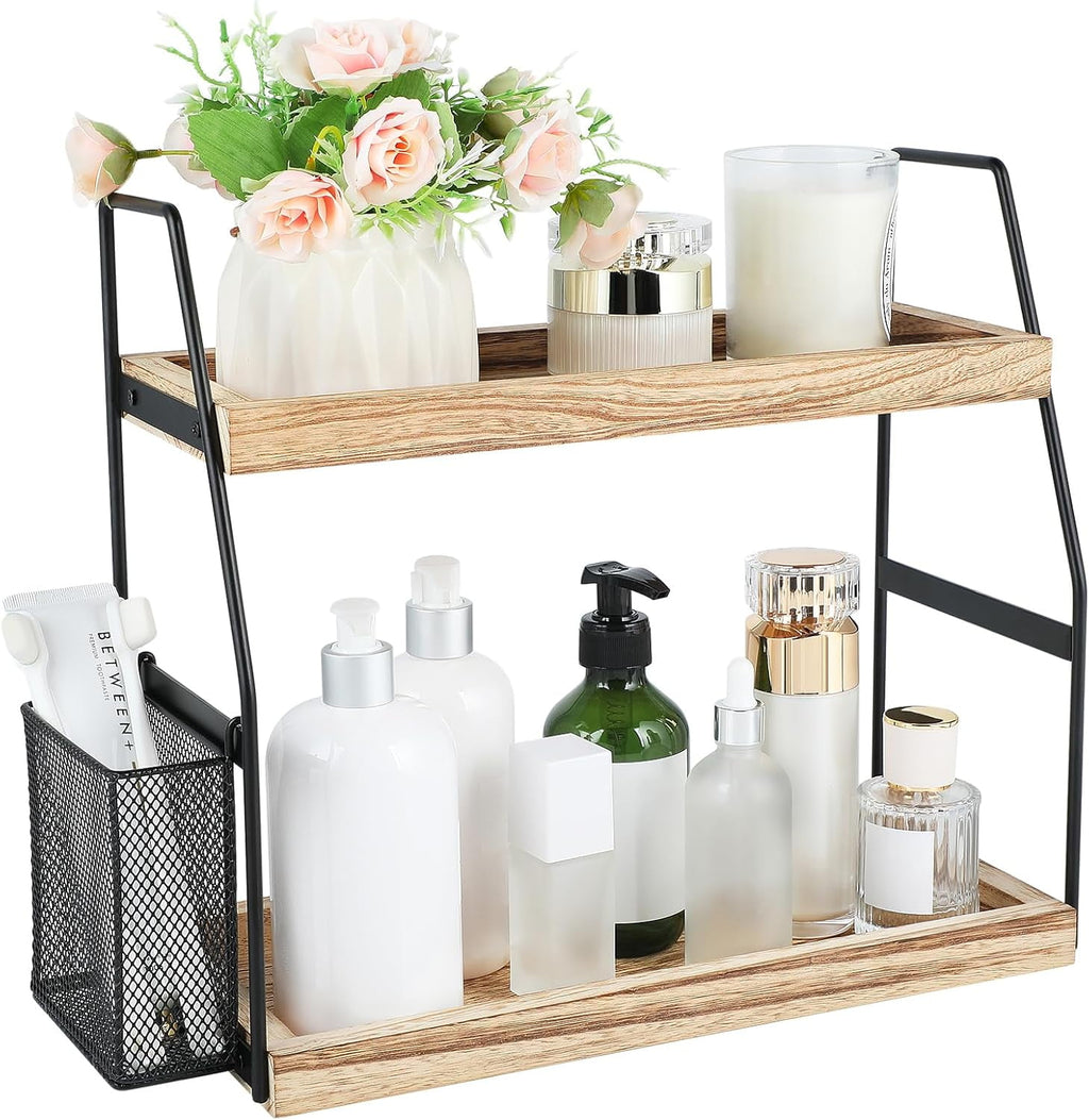 Bathroom Counter Organizer, Wood Tray for Skincare Vanity Organizer