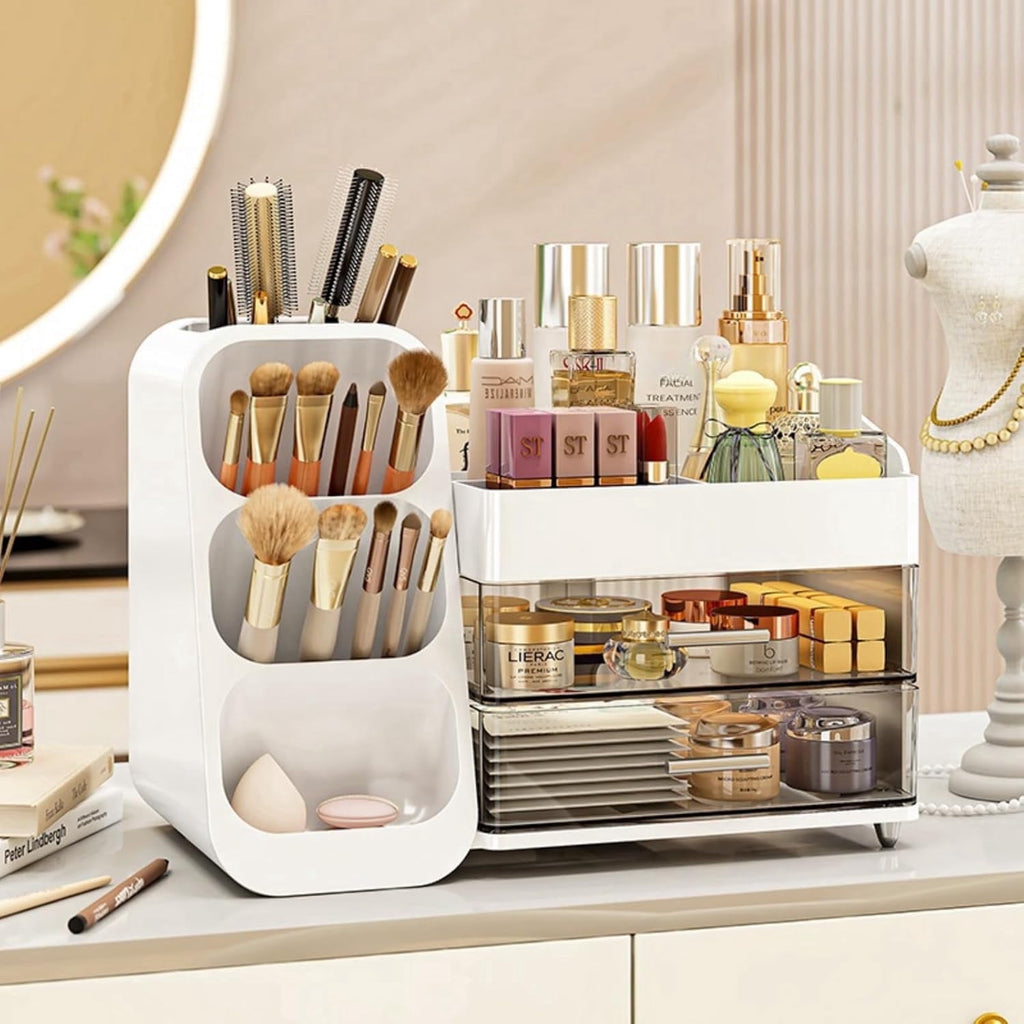 BAODELI  Makeup Organizer with Brush Holder for Vanity, Large Plastic Bathroom Countertop Organizer Skin Care Storage, Easy to Store Lipstic