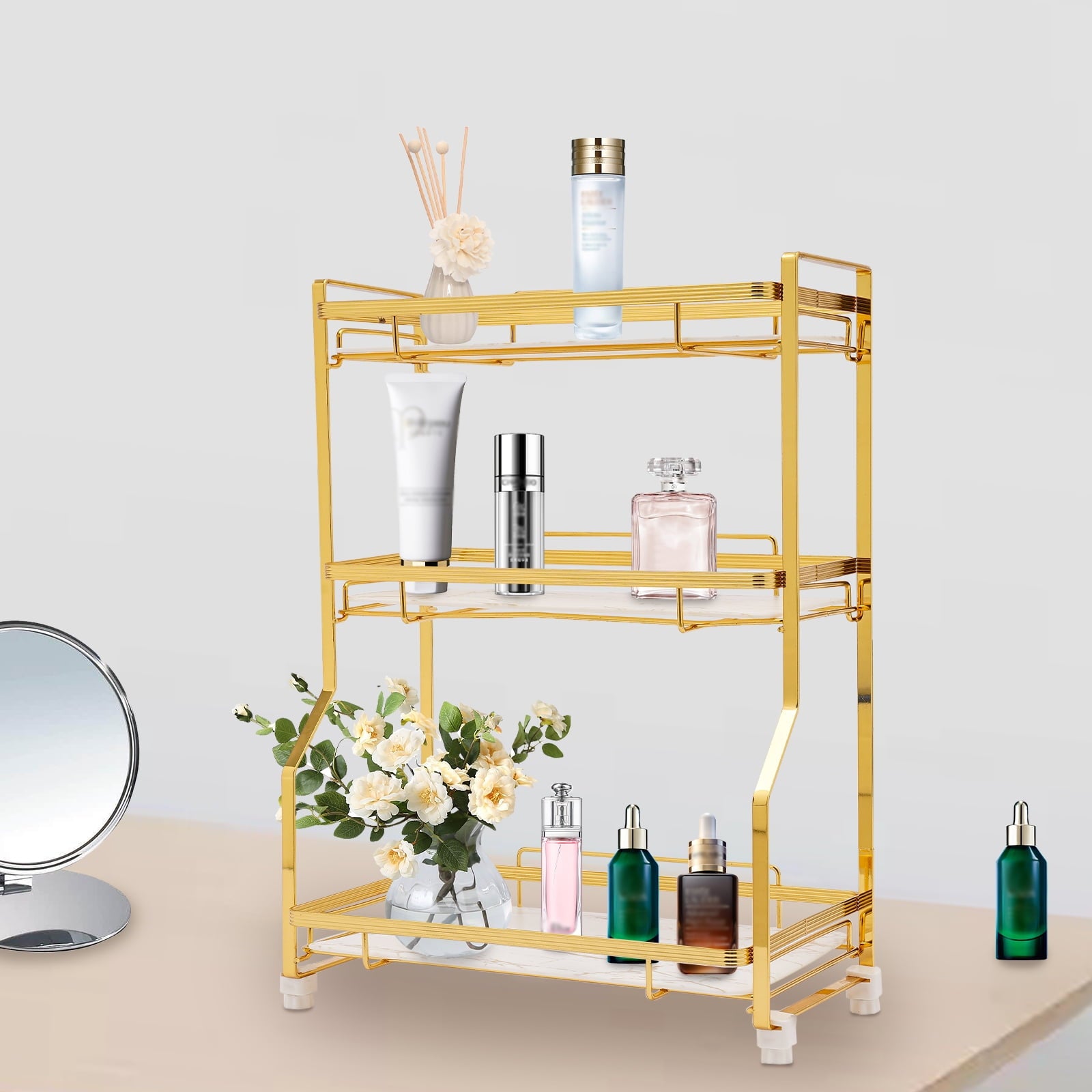 Bathroom Countertop Organizer, Gold Bathroom Vanity Counter Organizer with Small Storage Basket for Skincare Makeup P...