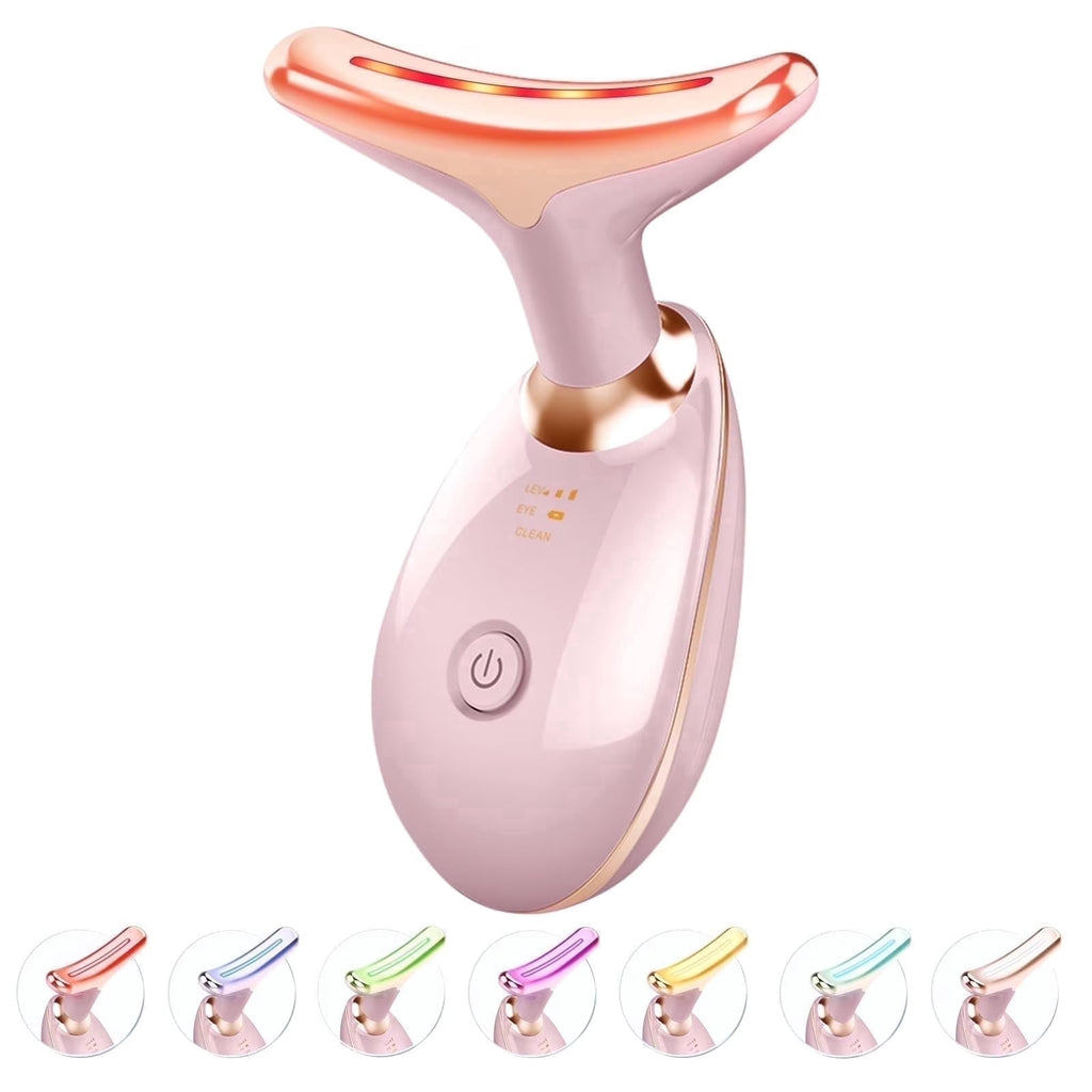Face Neck Massager,7-in-1 LED Lights Facial Tool for Home Skincare Device,Rose Gold