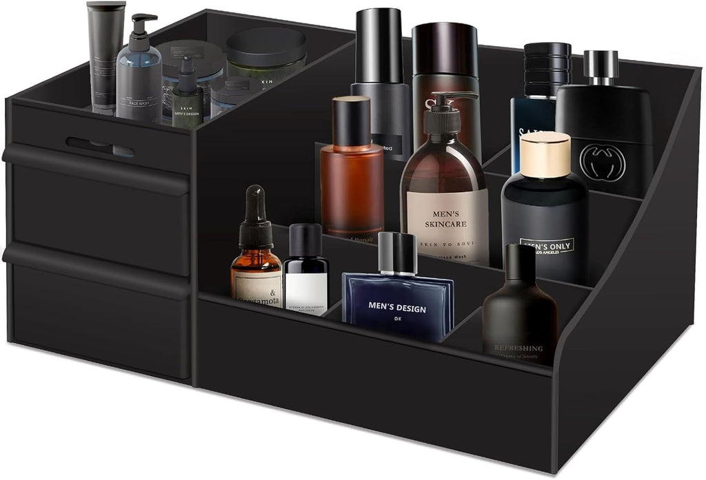 Black Organizer with Drawers - Large Mens Countertop Storage Box for Cologne, Skincare, Makeup, Perfume - Dresser Org...