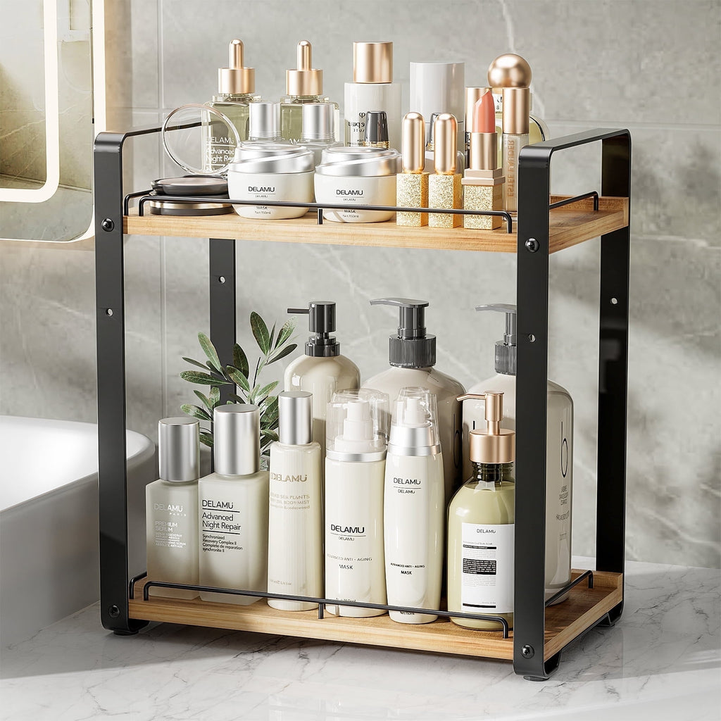 2-Tier Bathroom Counter Organizer, Metal Wood Make up Organizer for Bathroom Storage, Countertop Skincare Organizers ...