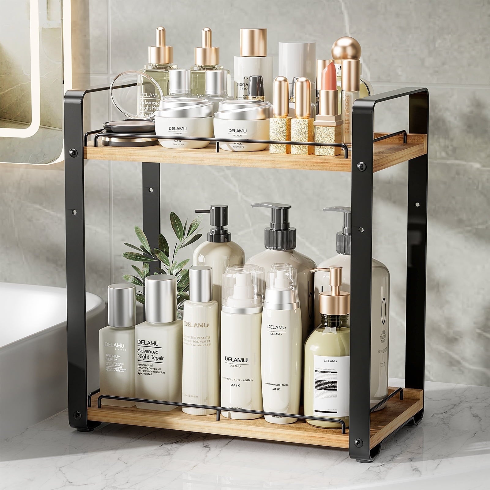 2-Tier Bathroom Counter Organizer, Metal Wood Make up Organizer for Bathroom Storage, Countertop Skincare Organizers ...