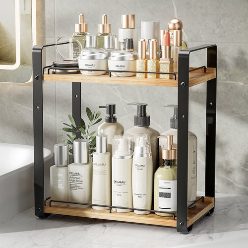 2-Tier Bathroom Counter Organizer, Metal Wood Make up Organizer for Bathroom Storage, Countertop Skincare Organizers ...