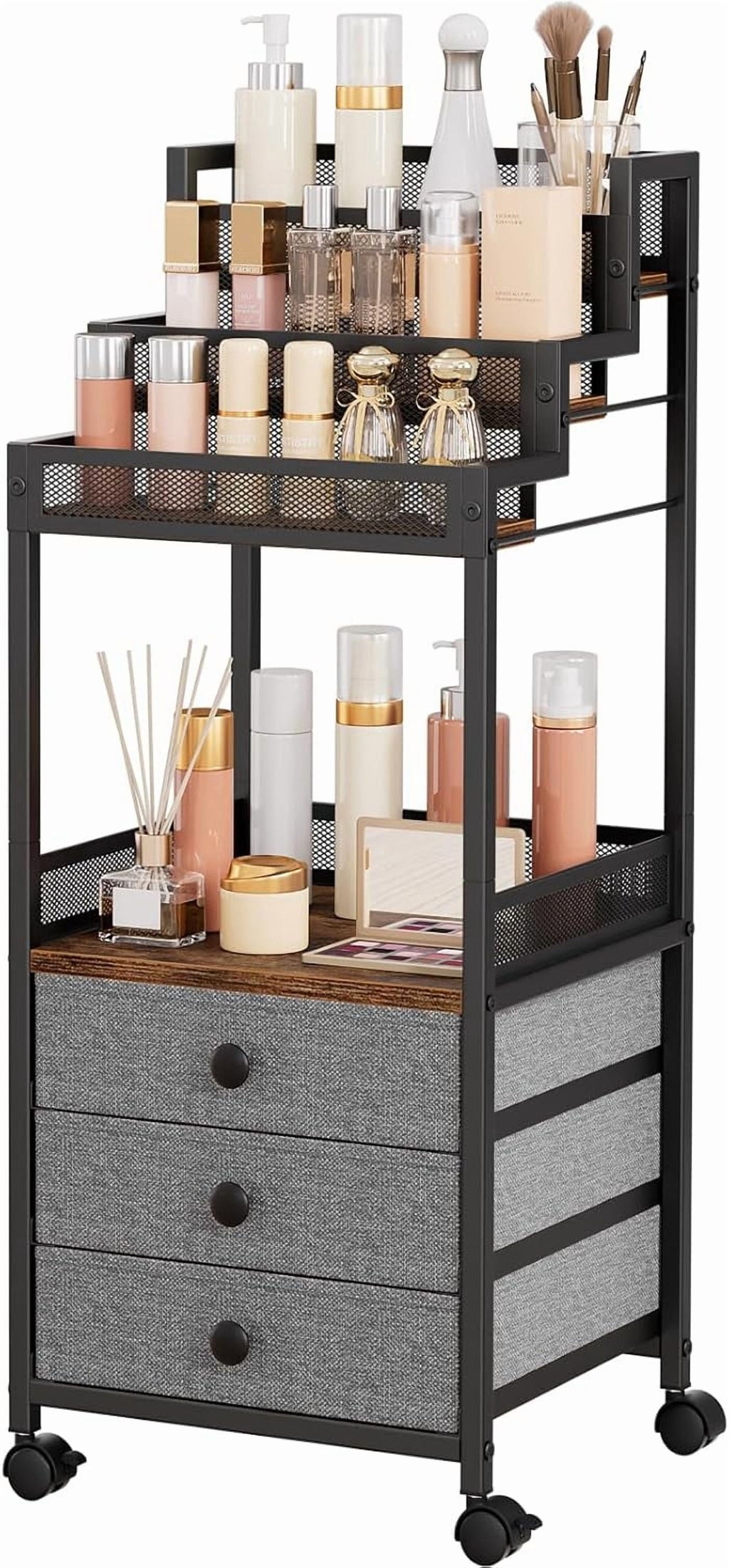 Display Riser Stand Perfume Cologne Organizer, Rolling Makeup Storage Cart with Fabric Drawers, Floor Vanity Cosmetic...