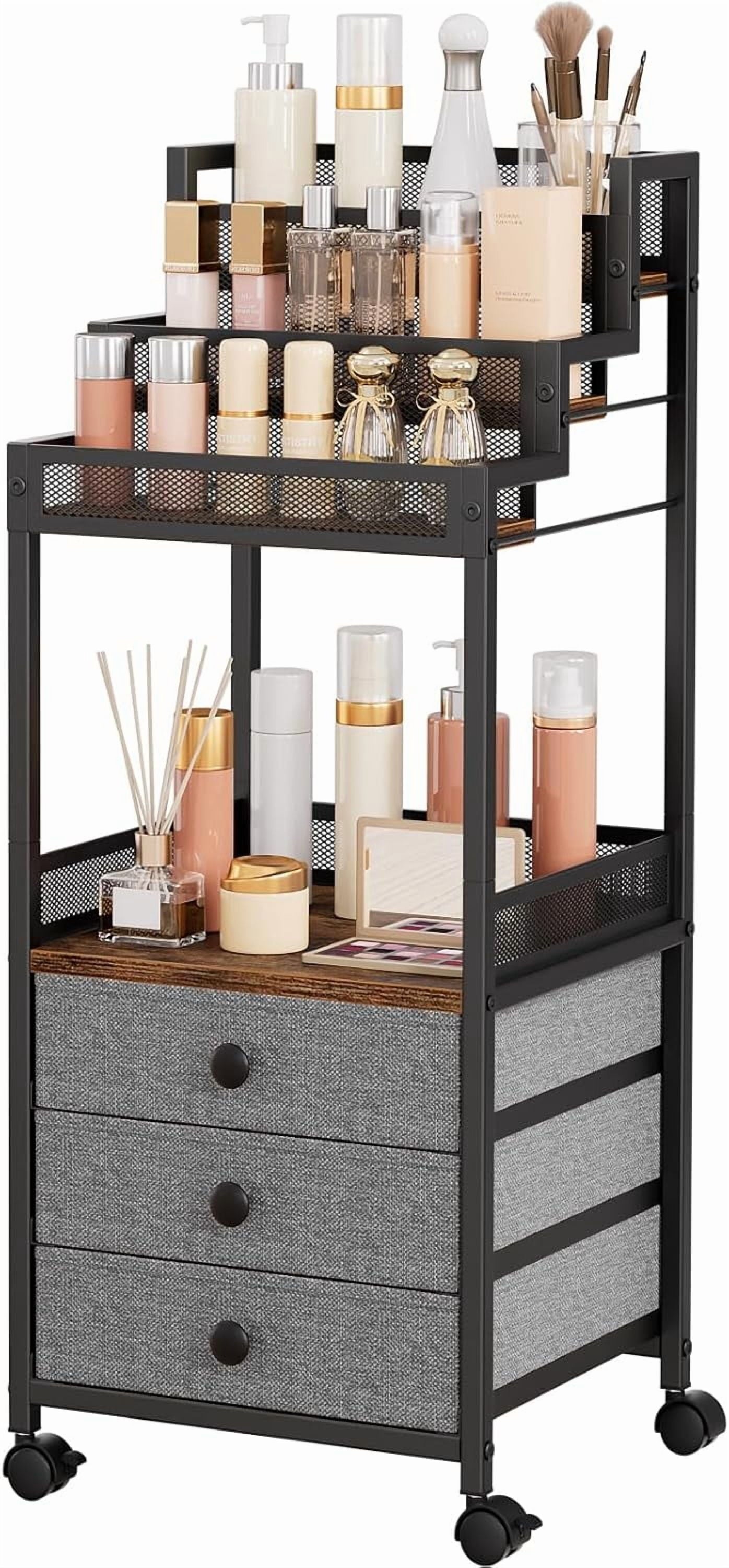 Display Riser Stand Perfume Cologne Organizer, Rolling Makeup Storage Cart with Fabric Drawers, Floor Vanity Cosmetic...