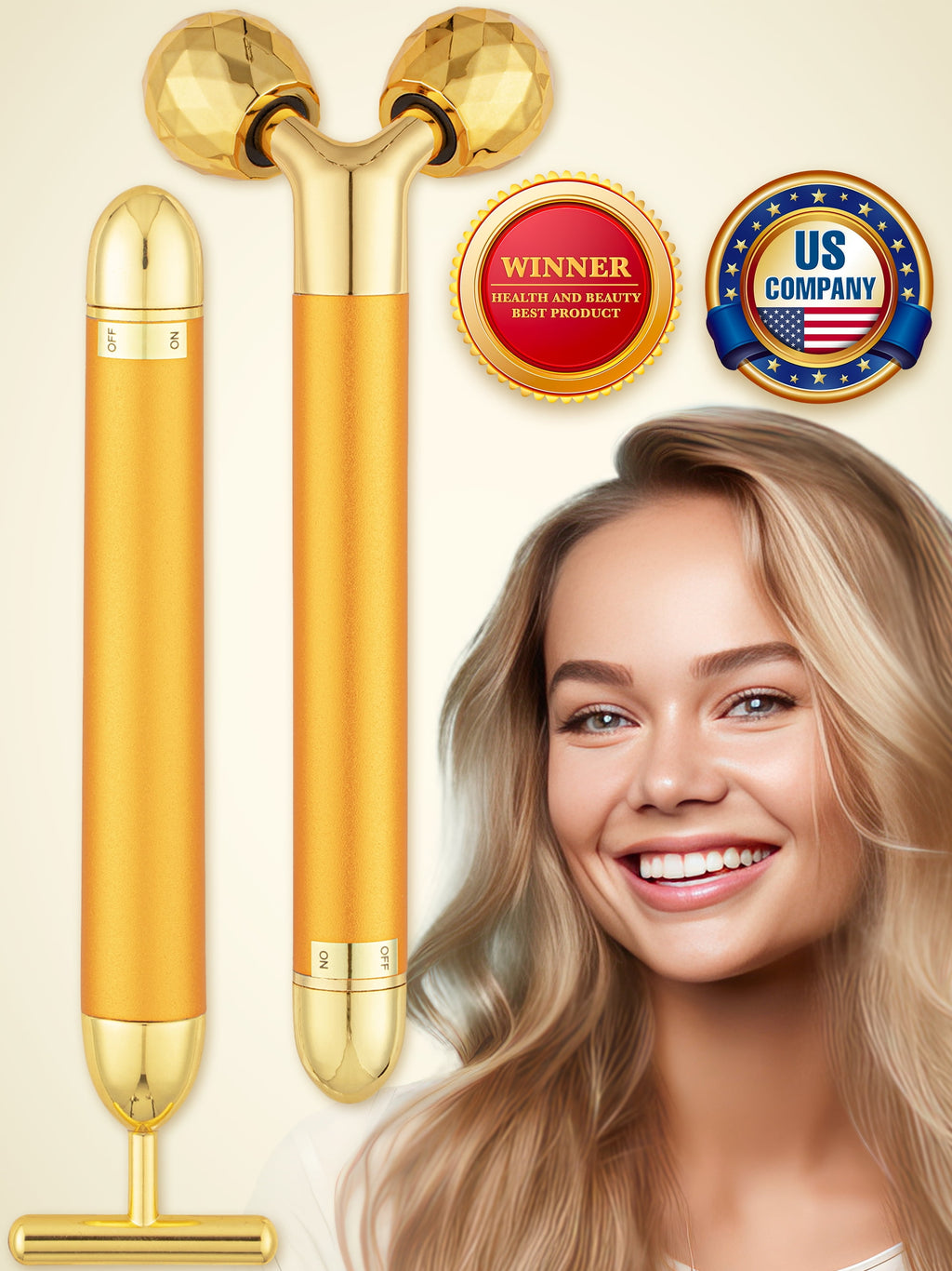 Electric Face Massager Kit for Women, 2-in-1 Vibrating Golden 3D Roller & T-Shape Massager for Facial Skin Care