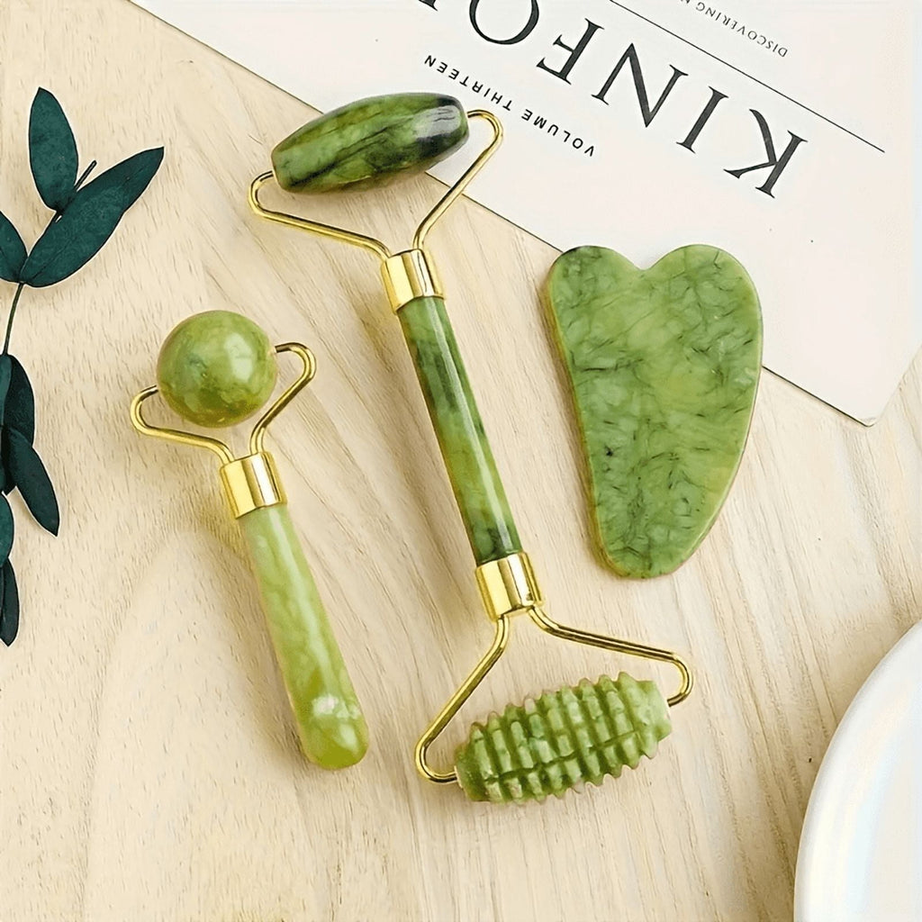 3 PCS Jade Face Roller & Gua Sha, Facial Beauty Roller Skin Care Tools, Self Care Gift for Men Women, Massager for Fa...