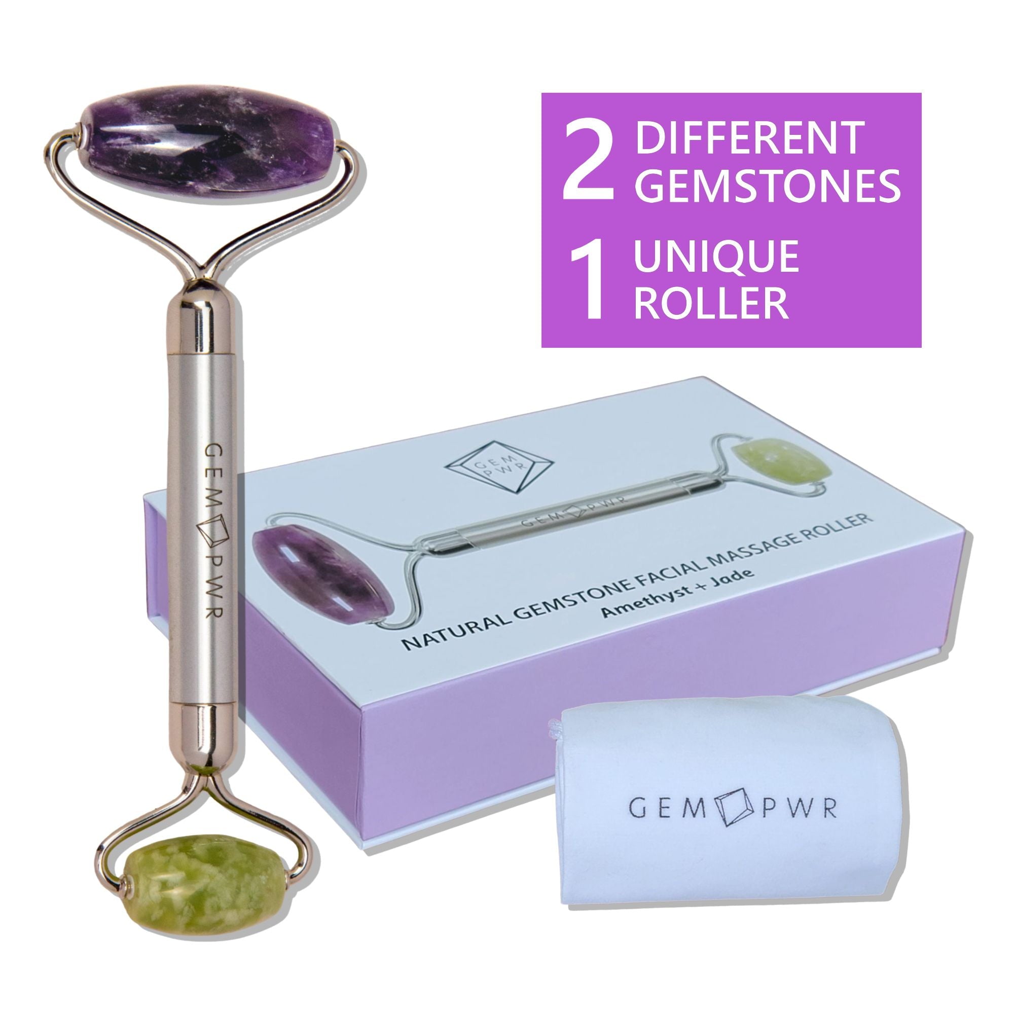 Amethyst + Jade Face Roller, Dual Head 2-in-1 with Travel Bag and Durable Steel Handle