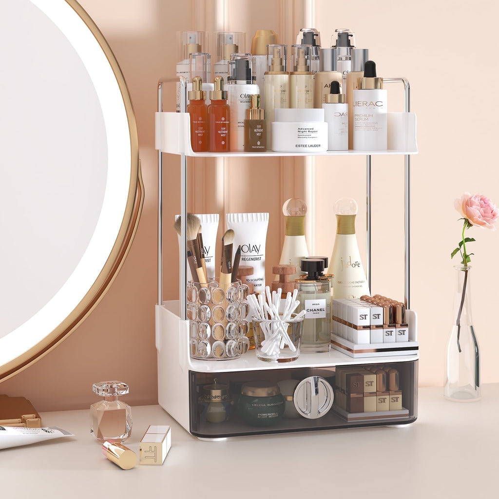 2 Tier Bathroom Counter Organizer, Multi-Purpose Makeup Organizer Countertop for Vanity Bedroom Bathroom Kitchen, White