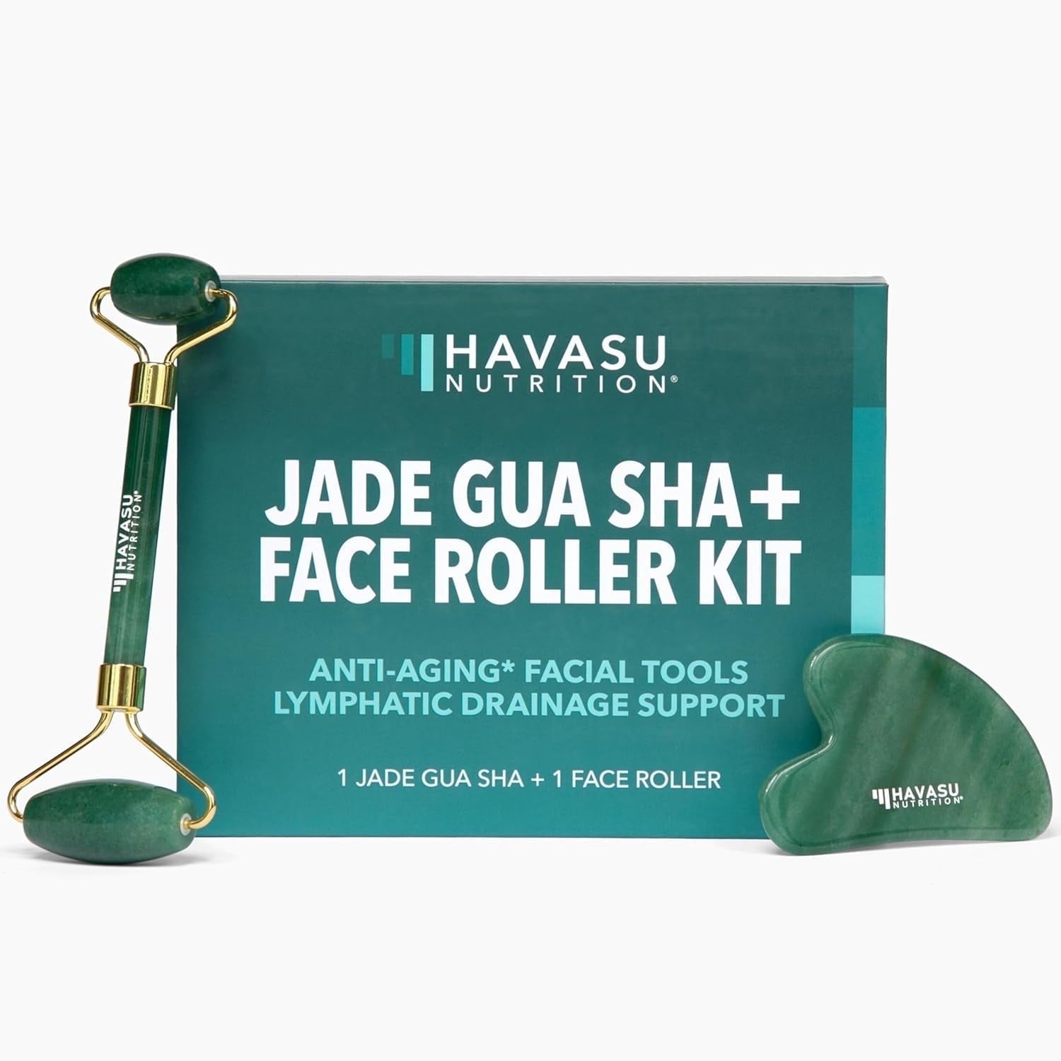 Jade Gua Sha and Face Roller Kit, Lymphatic Drainage Massager