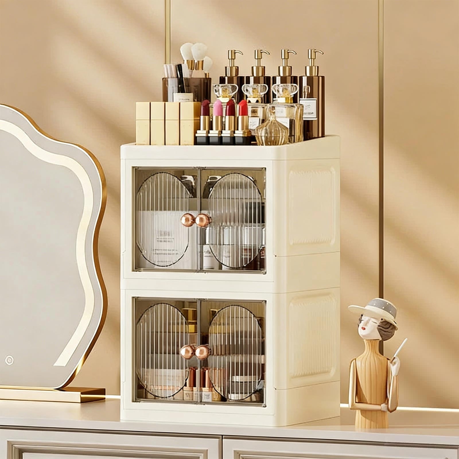 Desktop Storage Cabinet - Foldable Double Door Skincare Organizer, No Assembly Required Double Layer Box for Statione...