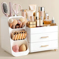 Makeup Organizer with Brush Holder for Vanity, Large Plastic Bathroom Countertop Organizer Skin Care Storage, All White