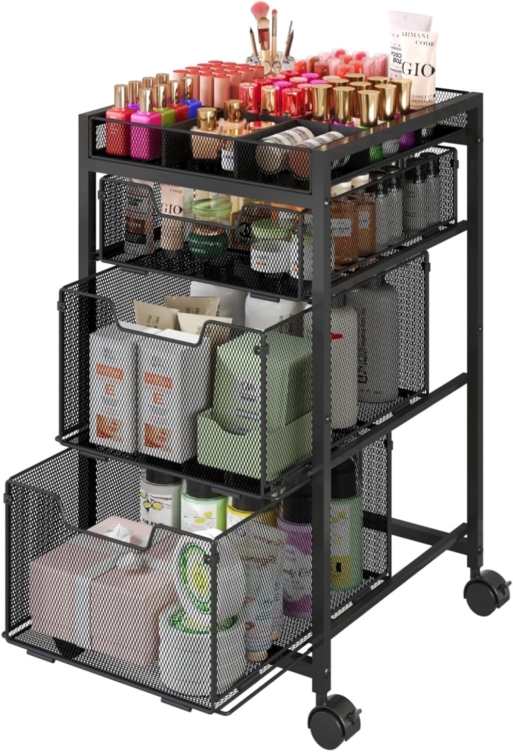 Heavy Duty Metal Rolling Makeup Cart Organizer with 3 Drawers, Premium Skincare Storage Utility Cart with DIY Divider...