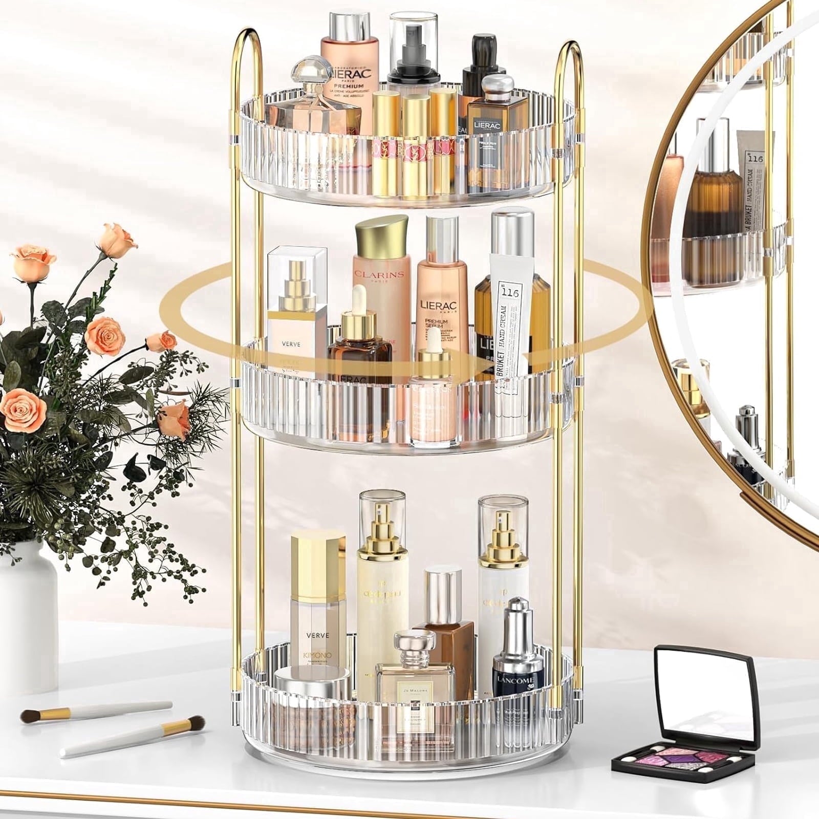 Makeup Organizer for Vanity, 3 Tier 360 Rotating Makeup Perfume Organizer for Dresser, Large Capacity Cosmetics Skinc...