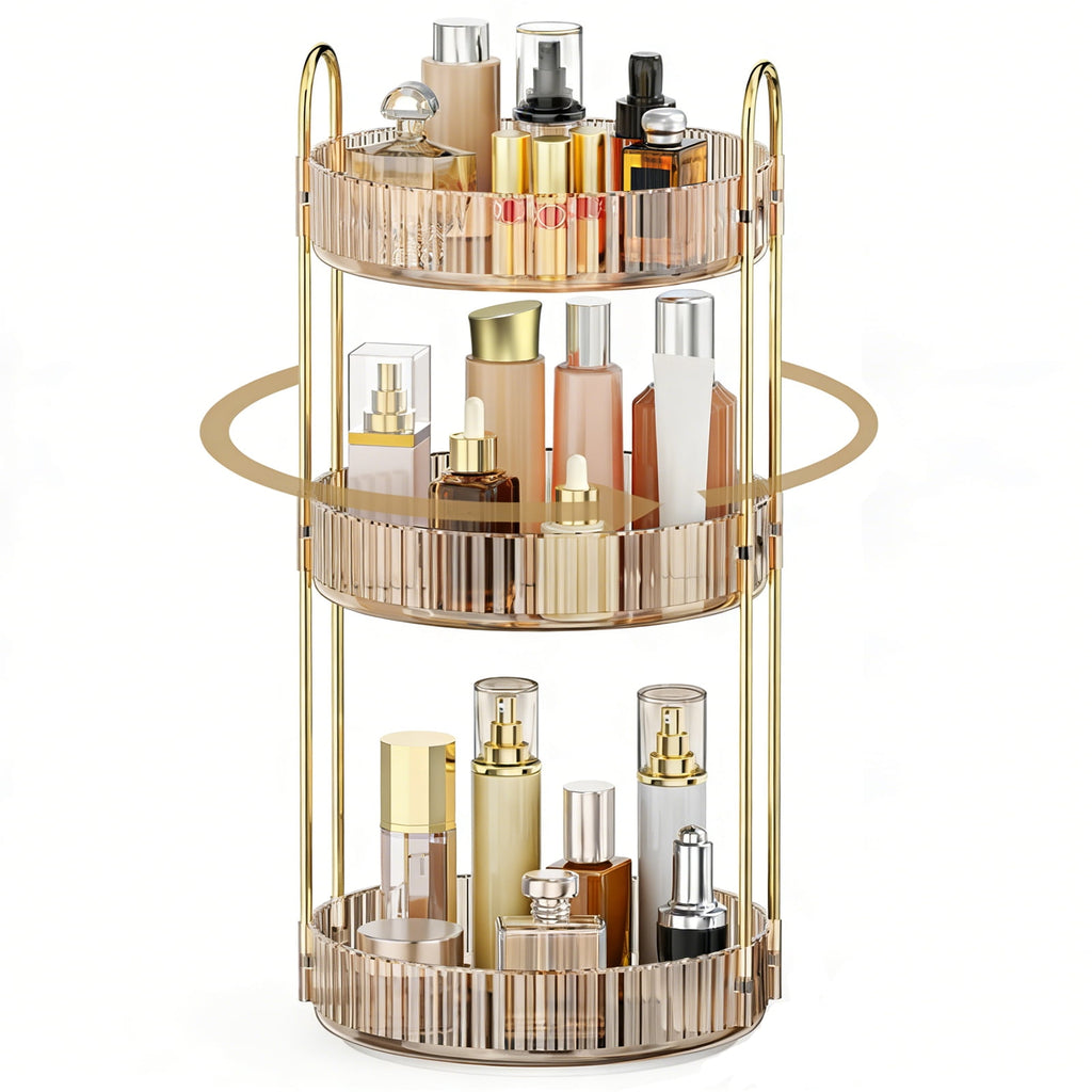Kisportee Makeup Organizer for Vanity, 3 Tier 360° Rotating Make Up Storage Perfume Organizers for Bathroom Counter, Clear Cosmetic Dresser