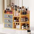 X- Large Bamboo Makeup Organizer for Vanity, 3-Tier Cosmetic Skincare Countertop Storage with 3 Drawers, 3 Brush Hold...