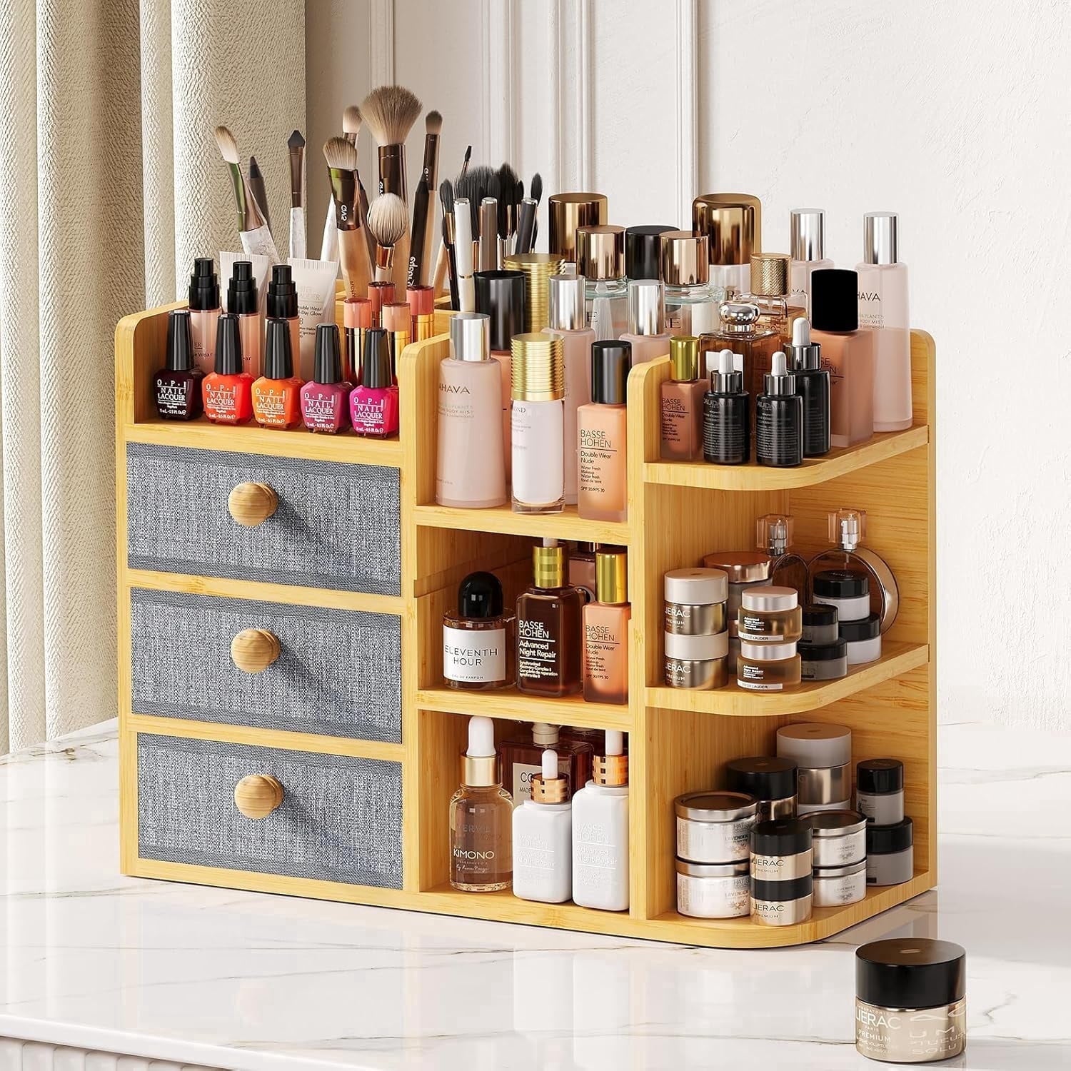 X- Large Bamboo Makeup Organizer for Vanity, 3-Tier Cosmetic Skincare Countertop Storage with 3 Drawers, 3 Brush Hold...
